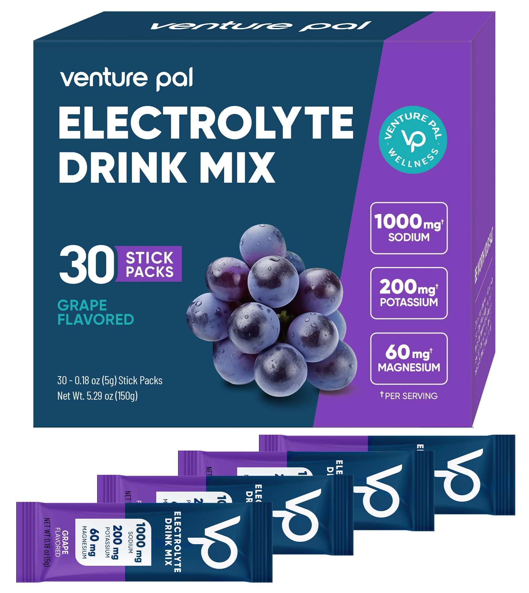 Venture Pal High Sodium Sugar-Free Electrolytes Powder Packets, 30 Sticks 0.18 Ounce (Pack of 30) V7-Grapes Salt