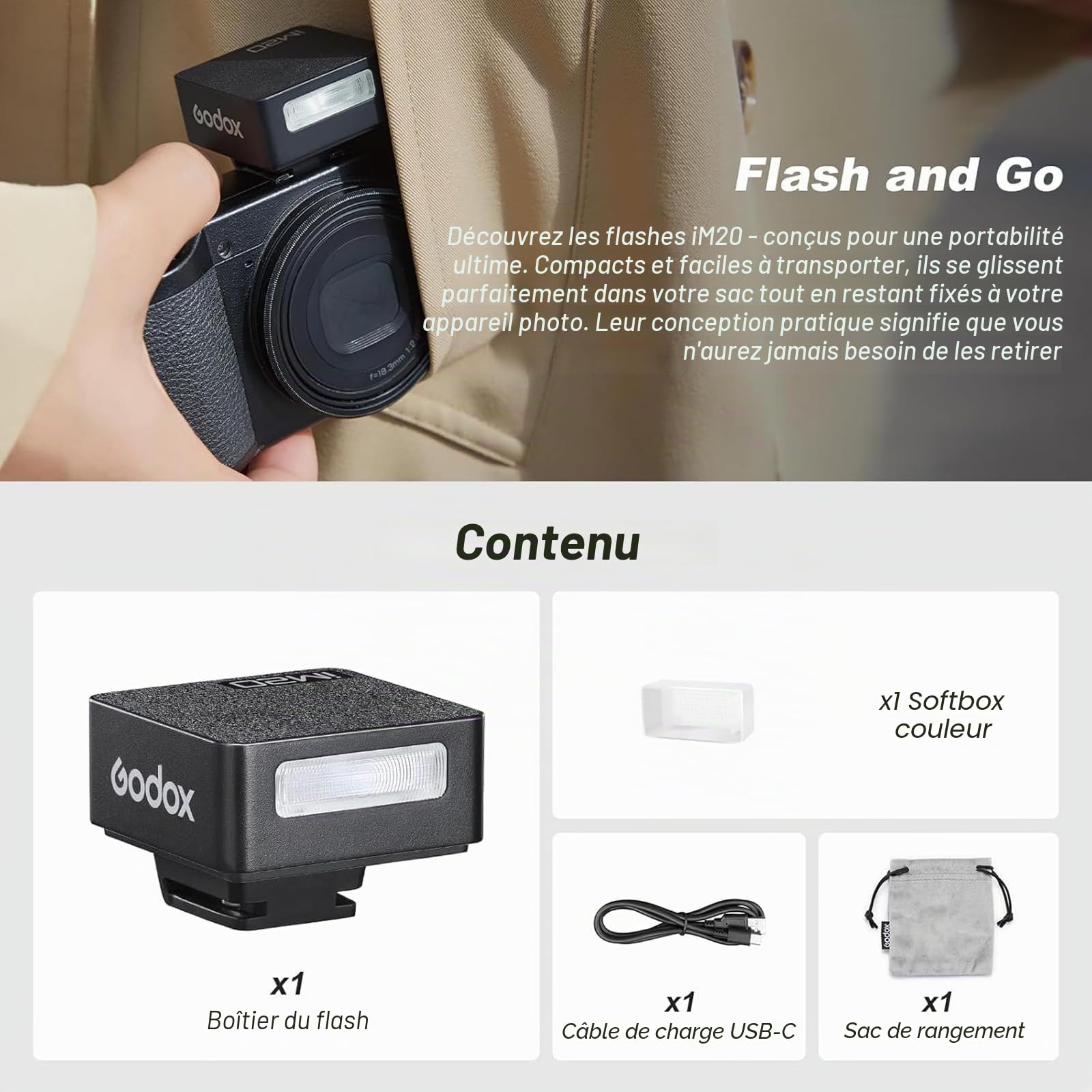 Godox iM20 Mini Flash Speedlite 470 mAh/Type-c Charge/440 Flash Pleine puissance/3s de Recyclage/5 Niveaux de Puissance/Manuel pour Sony zve10/Sony zv1/Sony a7iii/Ricoh gr3/Fujifilm f1 etc.