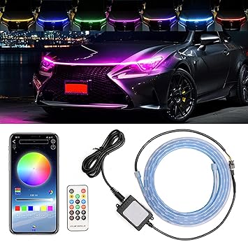 AutoBizarre Multicolor 70 inch (1.8 Meters) Flexible Waterproof Car Hood Strip DRL Light Daytime Running Light with App & Remote Control (works with all cars)