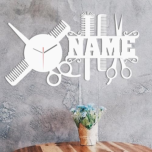 Miniatura 7 de WERWAES Reloj de pared para peluquero personalizado con nombre de 20 pulgadas, peine grande, decoración de peluquería, peine artístico, reloj de