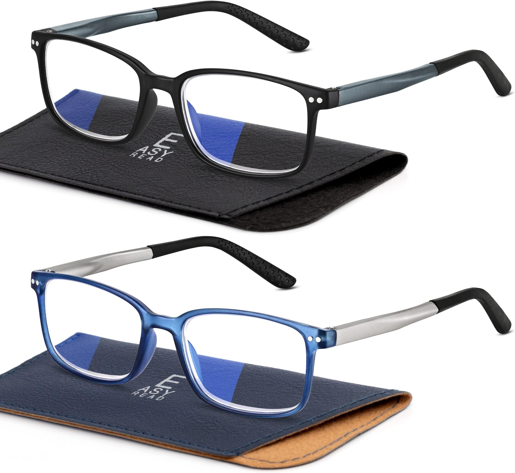 EASY READ 2 Pairs Sporty Style Reading Glasses for Men，Rectangular TR90 Blue Light Blocking Readers with Spring Hinge