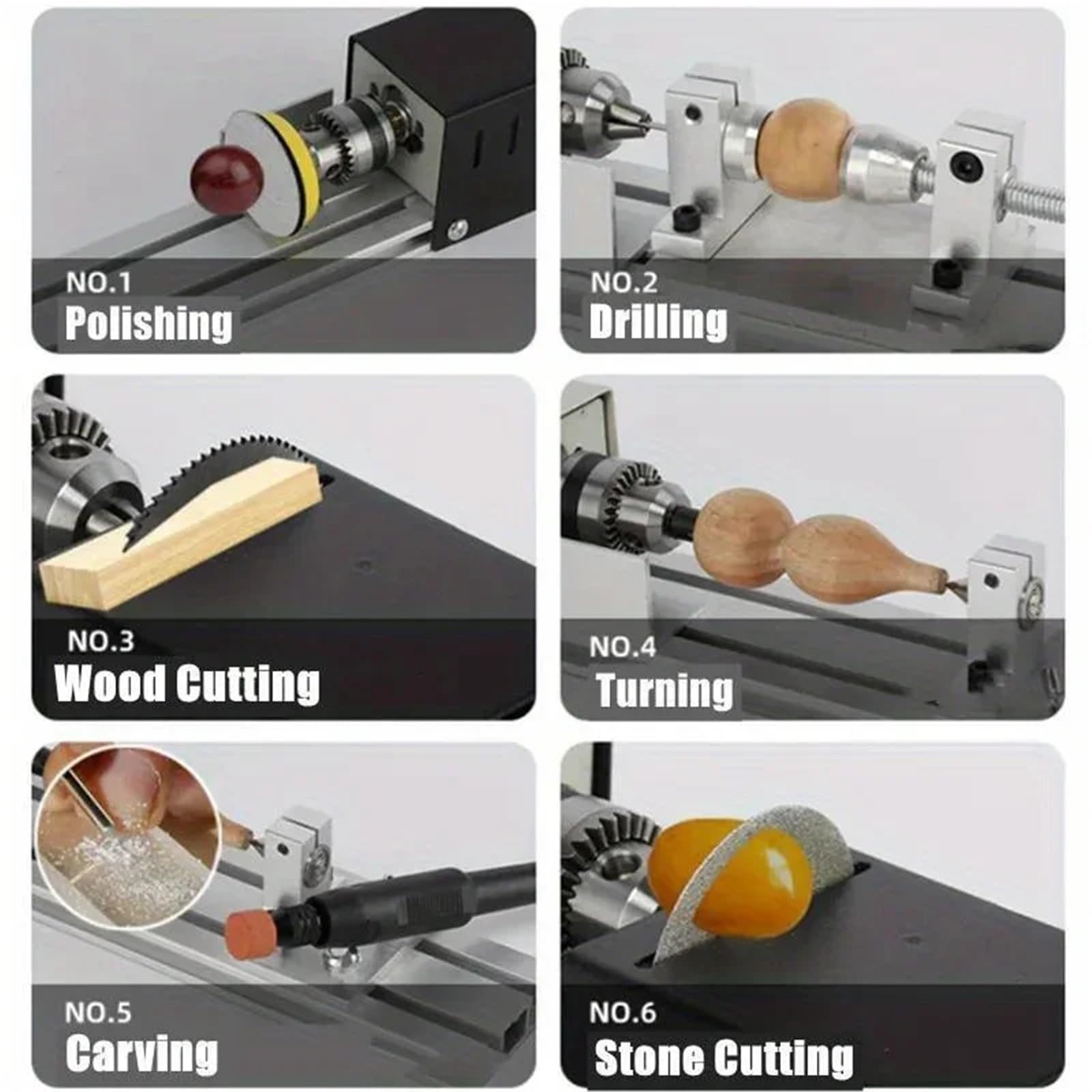Mini torno, herramienta for carpintería, de madera, fresadora, amoladora, pulidora, broca, juego herramientas rotativas carpintería(Luxury)