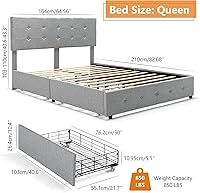 Vista 4 de St.Mandyu Base de cama tamaño Queen con 4 cajones de almacenamiento y cabecera ajustable, base de cama de plataforma tapizada con cabecera capitoné