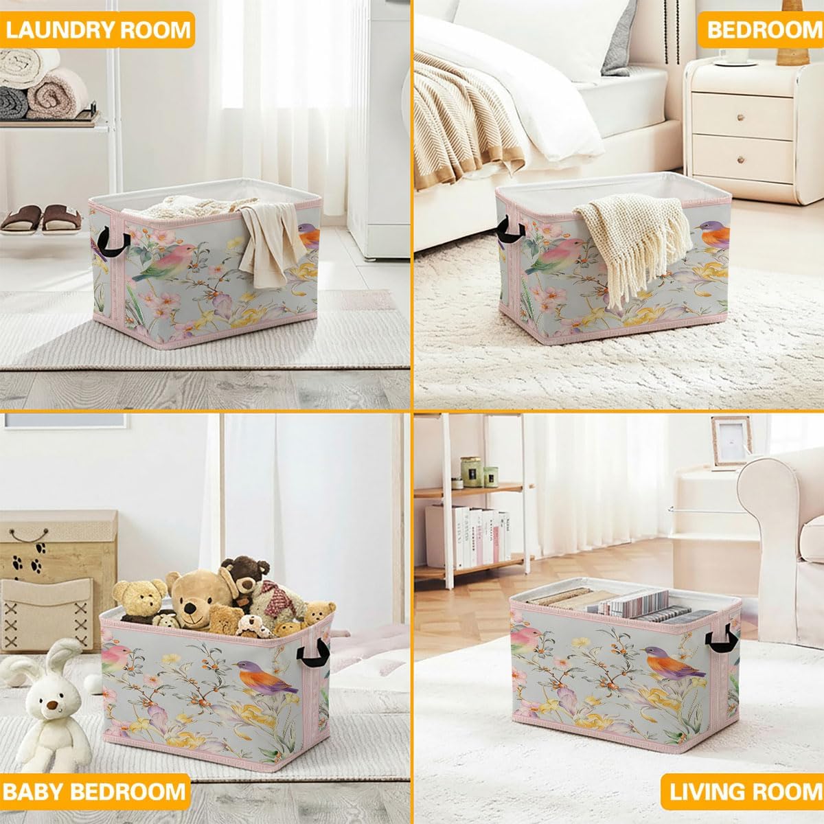 Bird Flower Laundry Hamper 56L Large Laundry Basket with Handles, Foldable Clothes Hamper for Bedroom Bathroom, Decorative Toy Storage Bin, Home Decor Organizer for Blankets, Towels & Toys. image 5