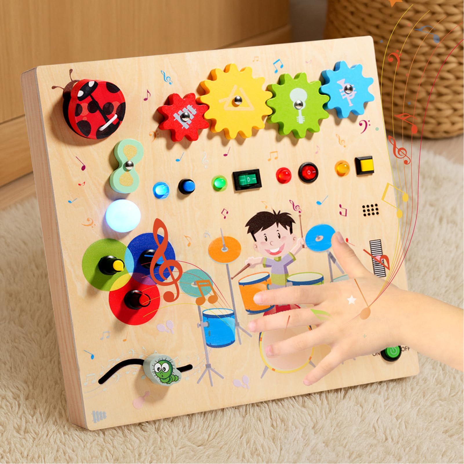 Baby Busy Board Sensorisches Holzbrett mit LED-Leuchtschalter, Interaktives Lernspielzeug für die Feinmotorik für Kleinkinder