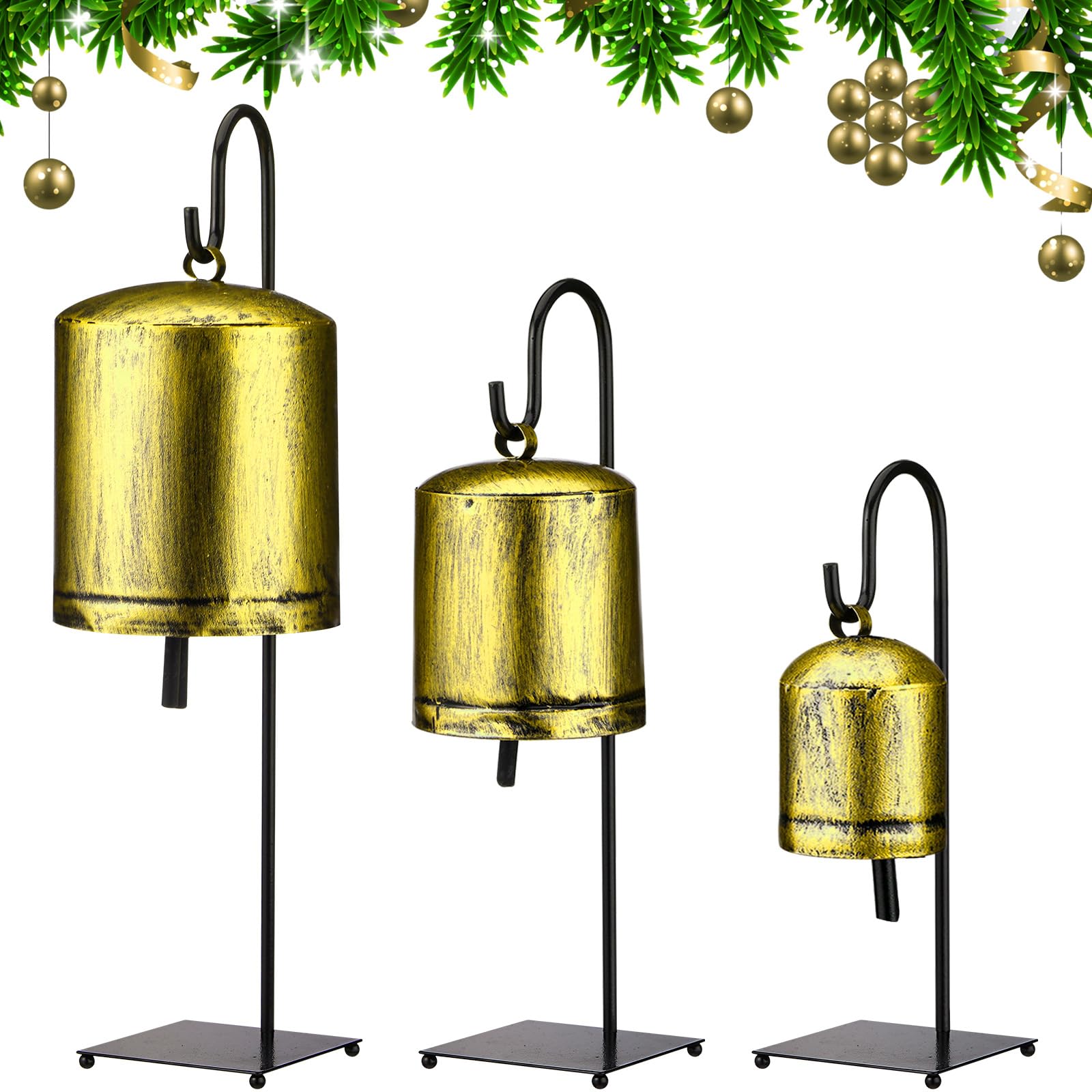 MorningRo 3 Pcs Christmas Cow Bells with Metal Stands Giant Metal Cow Bells with Velvet Ribbon Farmhouse Country Table Decor Classic Brass Antique Country Decor Gift for Xmas Table Window