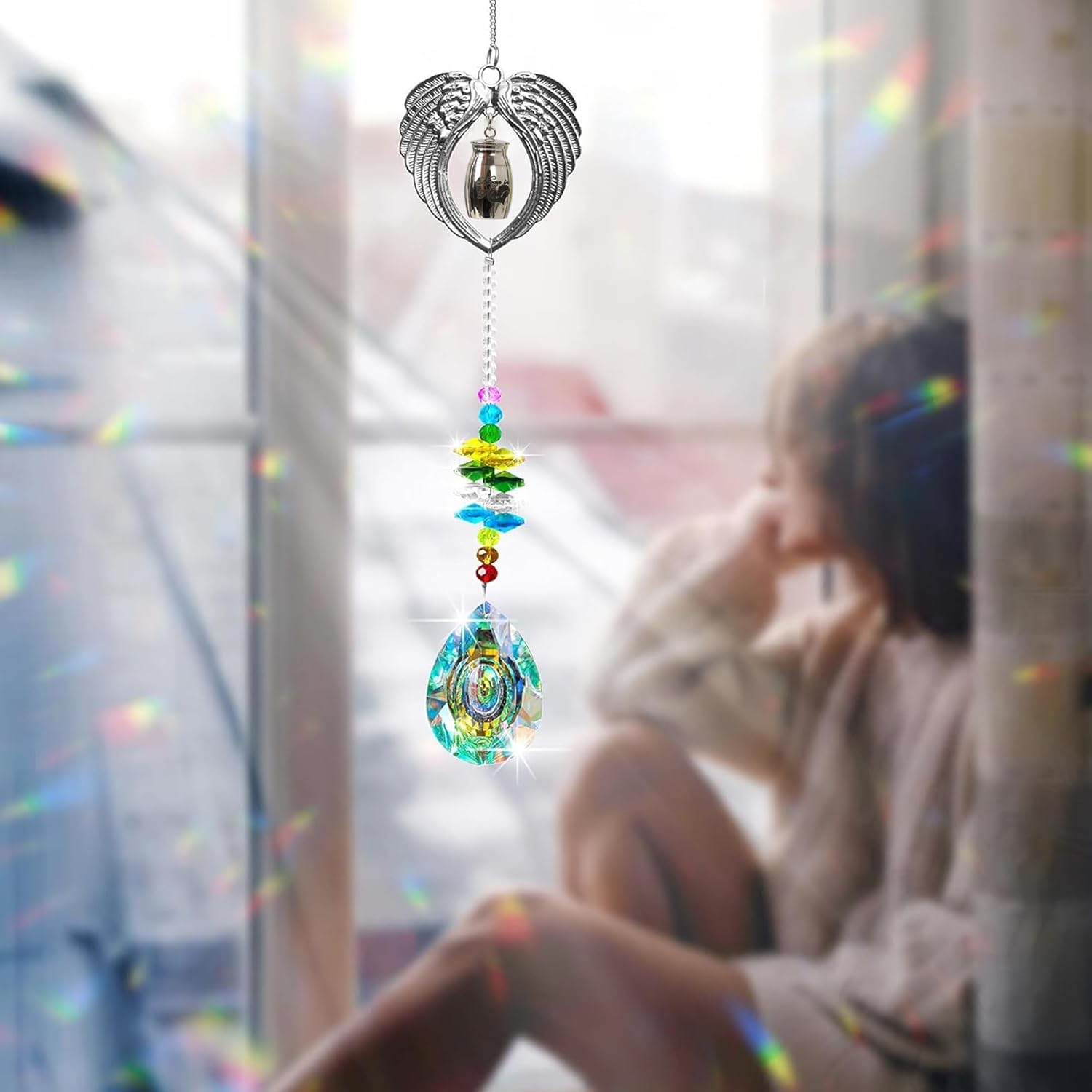 Small Keepsake Urn for Human Ashes,Hanging Angel Wings Crystal Suncatcher Memorial mini urn,Mini Cremation Urns for Women Men 1.2 Inches Tiny urn for Human or Pet Ashes Sharing Memorial Urn
