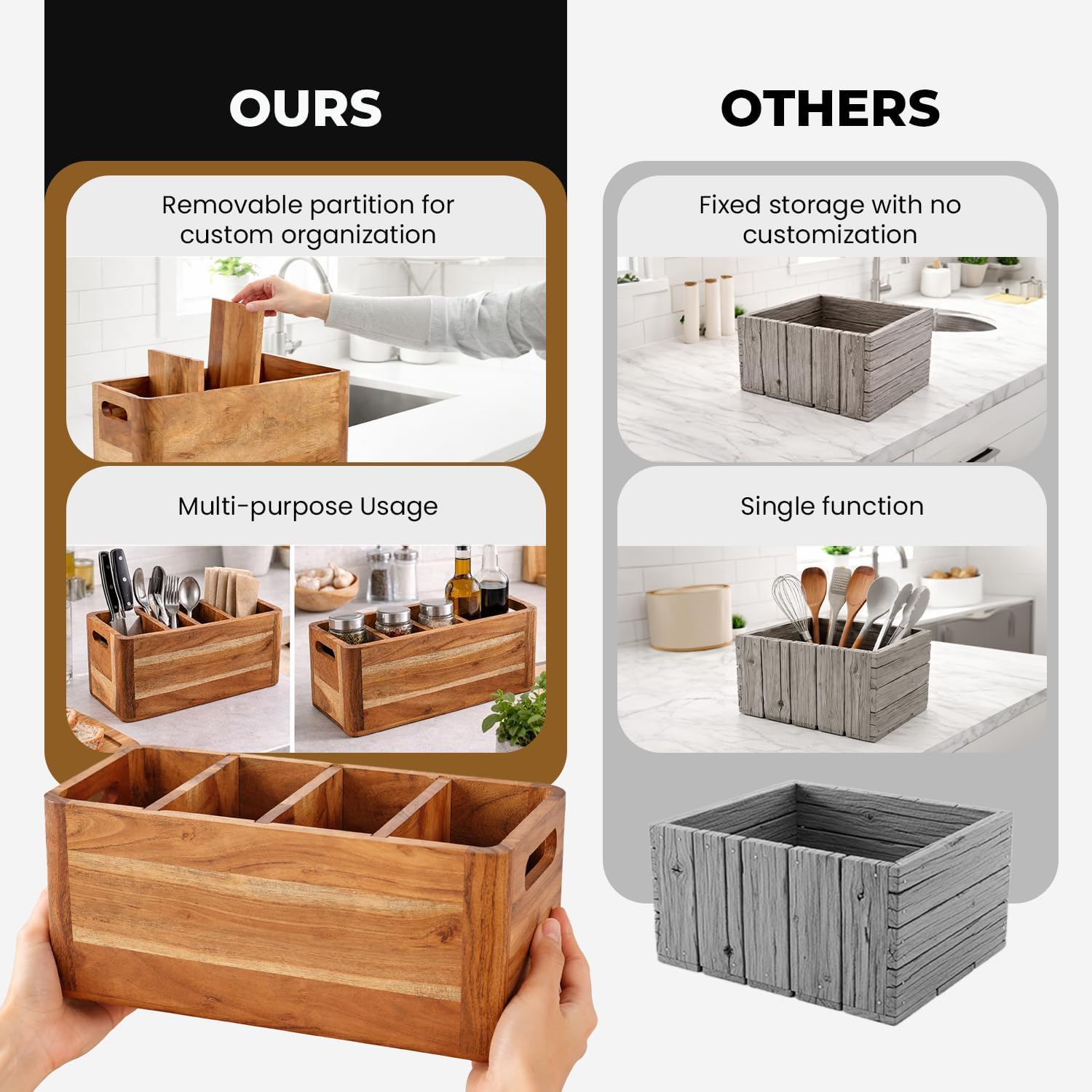 Wooden Caddy Utensil Holder - Premium Acacia Wood Utensil Caddy with Sturdy Design for Easy Organization - Perfect Kitchen Utensil Organizer for Counters, Dining Tables, and Everyday Use