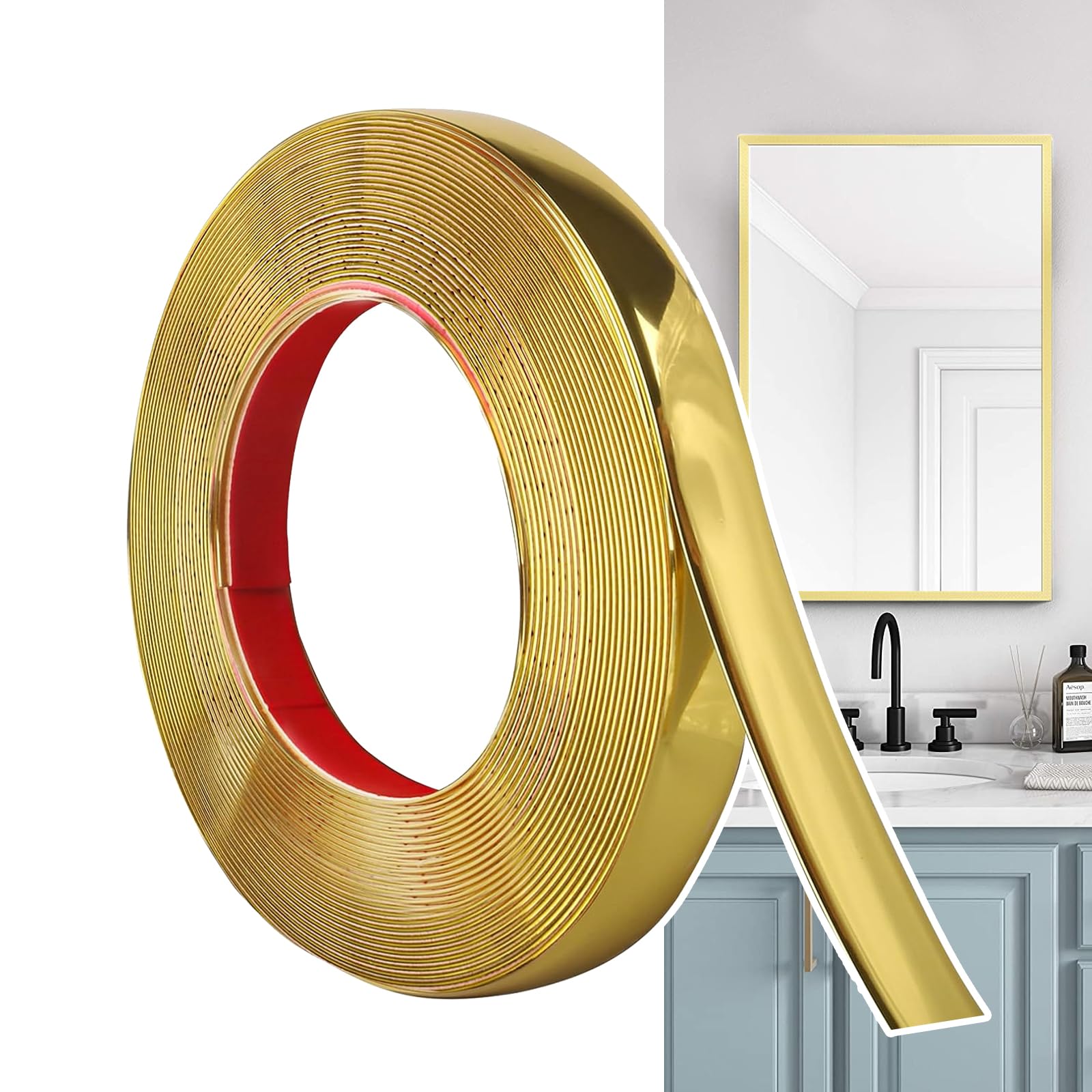 Hengrongshen Self Adhesive Moulding Trim Matte Gold (12M x 2cm) Flexible PVC Peel and Stick Wall Trim Decorative Edge Strip for Wall, Tile, Mirror, Window, Cabinet, Bathroom, DIY Trim
