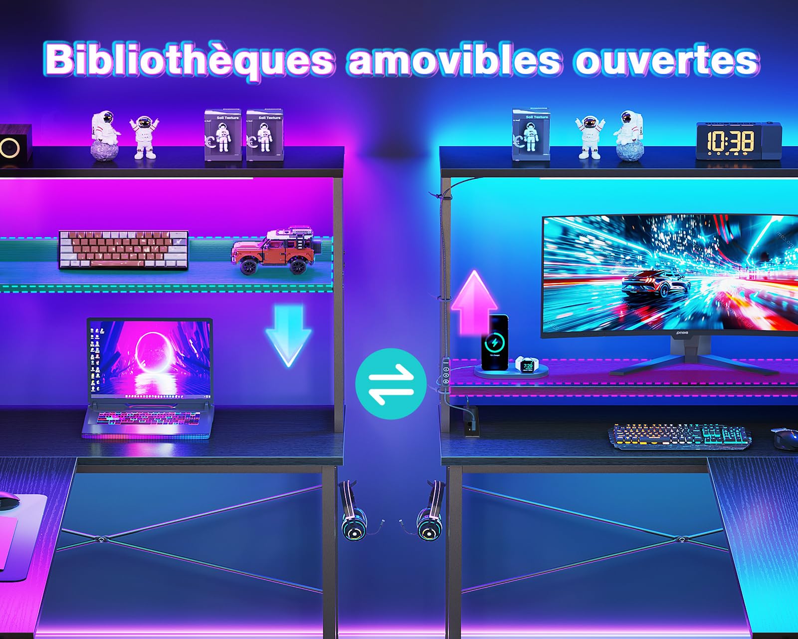 Coleshome Bureau Gaming Angle LED Prises 135x100 cm Réversible Étagères Table en L Sac Rangement Crochet Noir