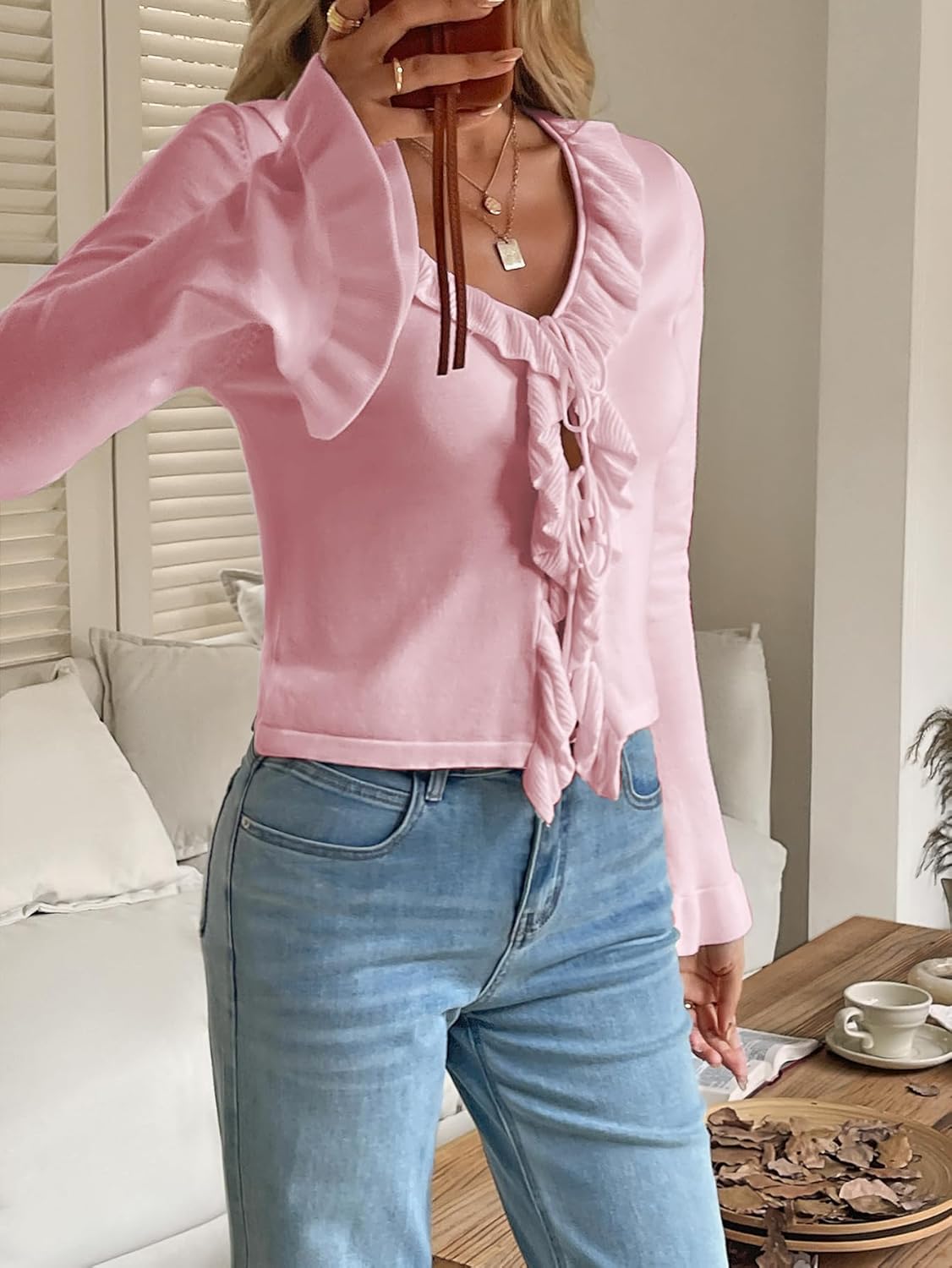 Women's V Neck Ruffle Bell Sleeve Sweater Tie Front Bow Cute Knitted Top Trendy Fall Spring Fashion Y2k Clothes