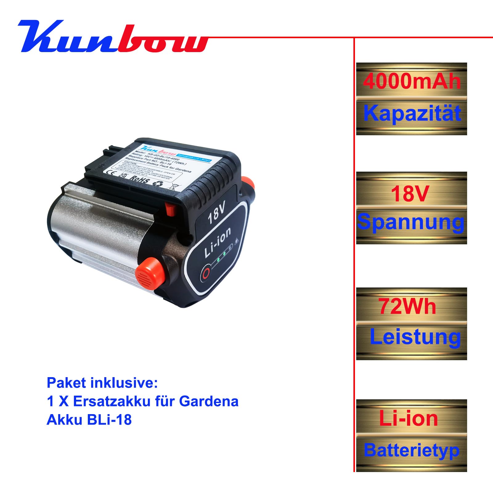 Batteria di ricambio per robot tosaerba Gardena BLi-18 9840-20 9839-20, compatibile con attrezzi Gardena 18 V agli ioni di litio (18 V/72 Wh)