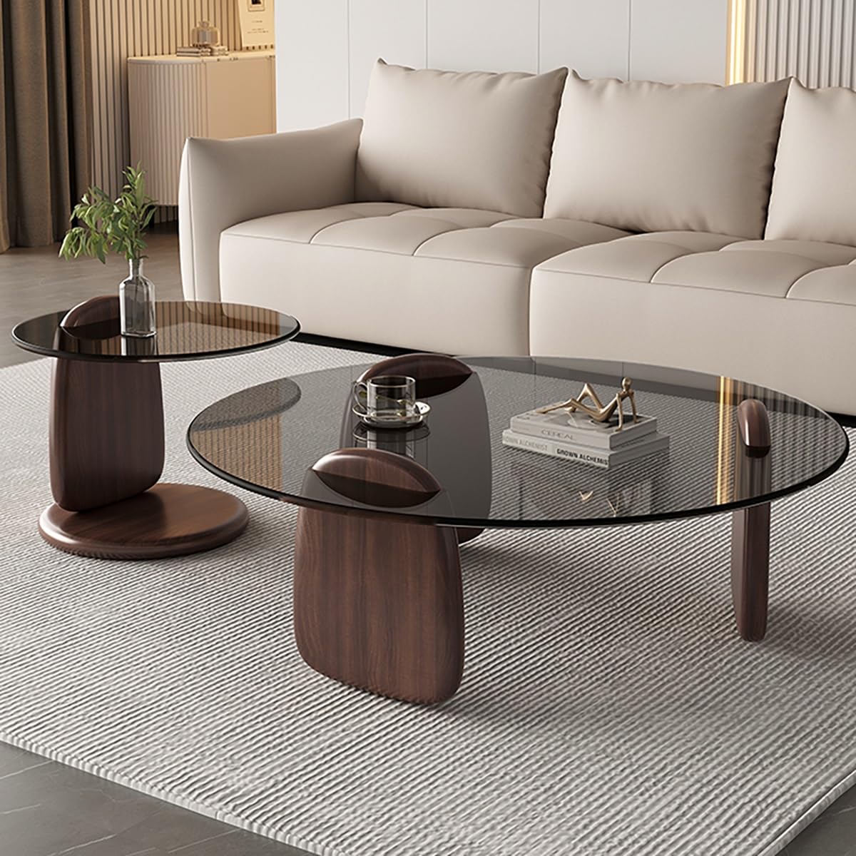 Mesa de Centro Redonda Cristal, Mesa Nido Juego de 2, Patas de Madera Maciza, Vidrio Templado para Salón Dormitorio Oficina-Fácil Montaje(Brown-B,80+50cm/31+20in)