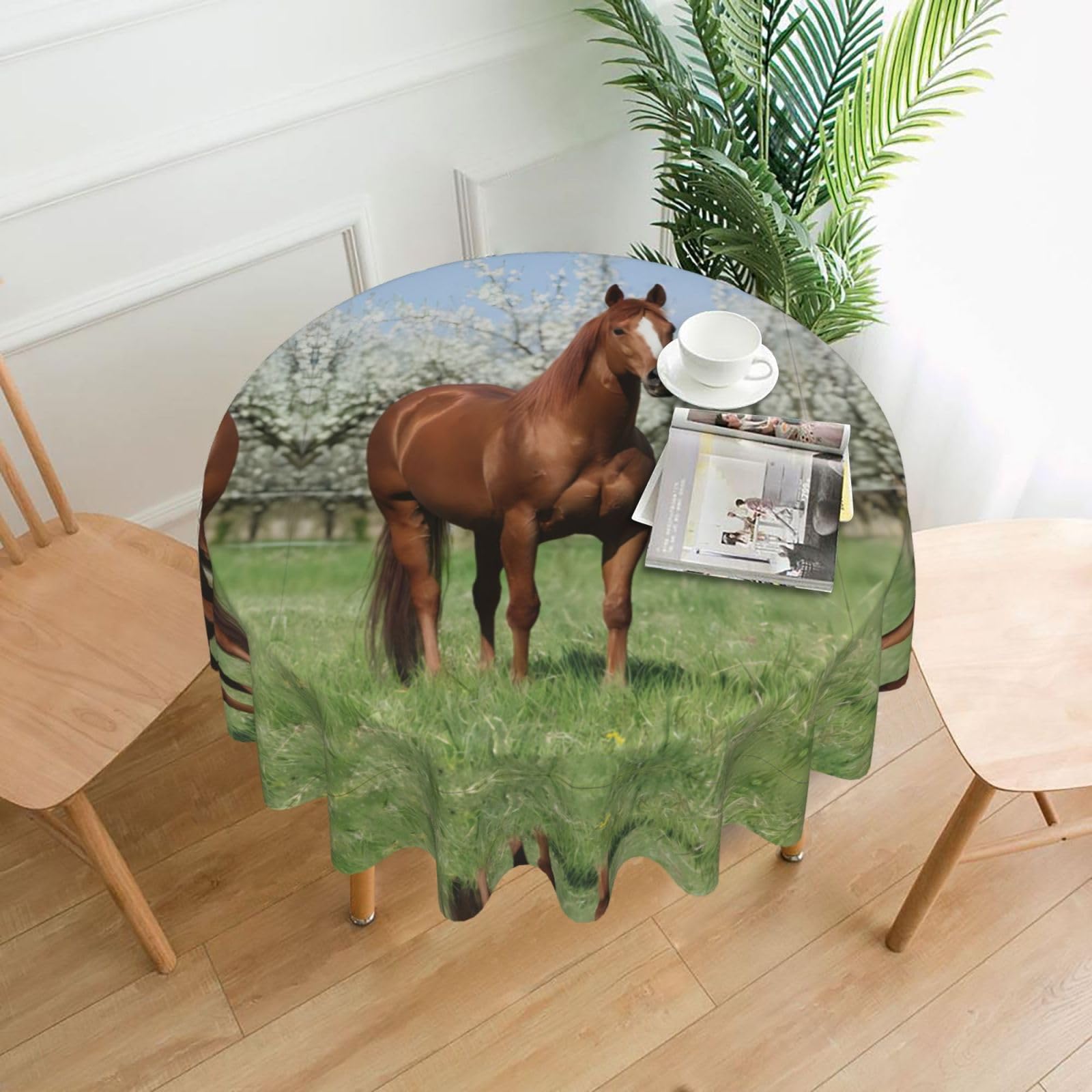 hhxvcv Horse In Front Flowering Trees Round Tablecloth – Dining Table Cover