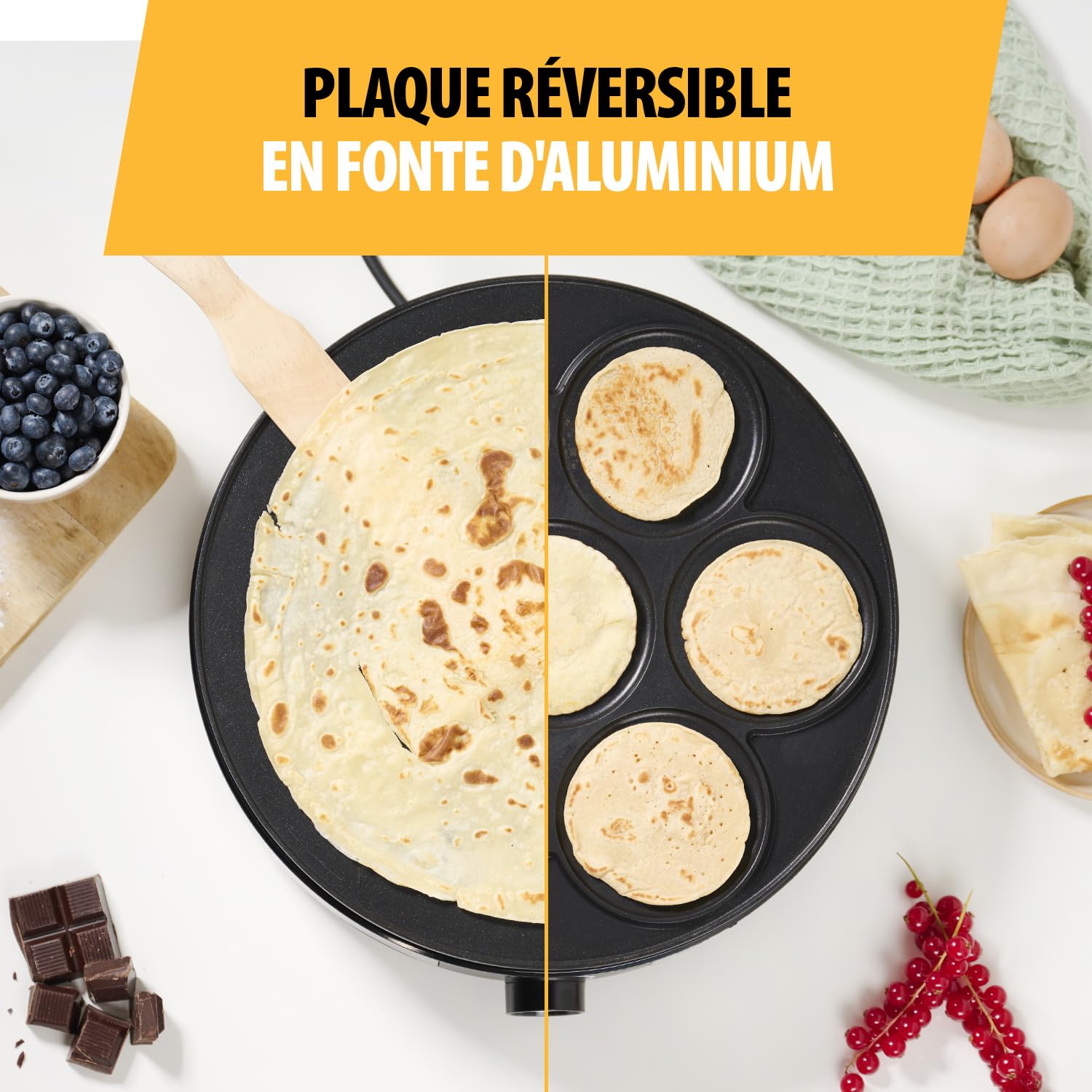 Tristar crêpière BP-2639 - ø33 cm - 1 grande crêpe ou 7 petites crêpes à la fois - Plaque amovible - 1 500 W, Noir