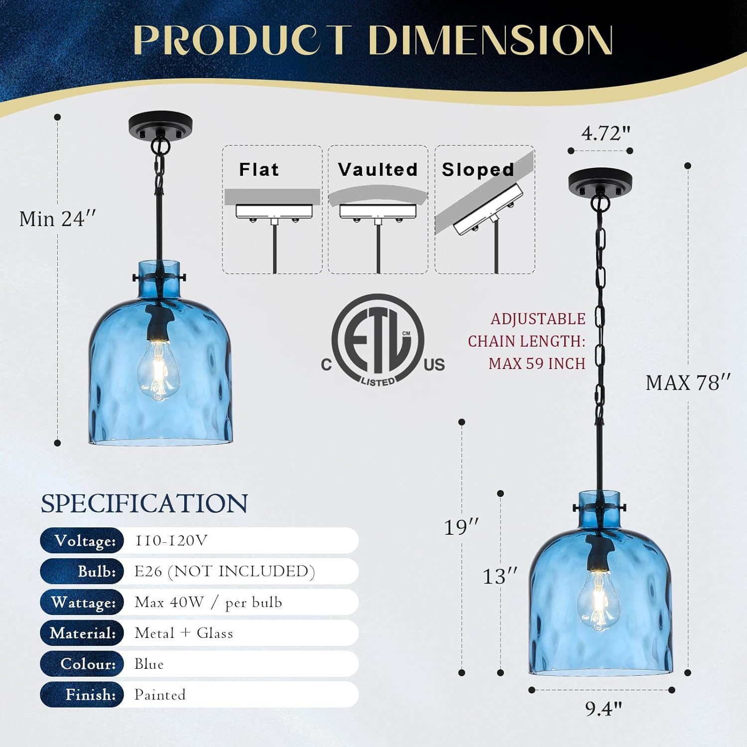 Blue Hammered Glass Pendant Light for Kitchen Island – 10" Modern Glass Dome Hanging Light Fixture, Single E26 Ceiling Pendant Lamp with Black Finish for Dining Room, Hallway, Bedroom