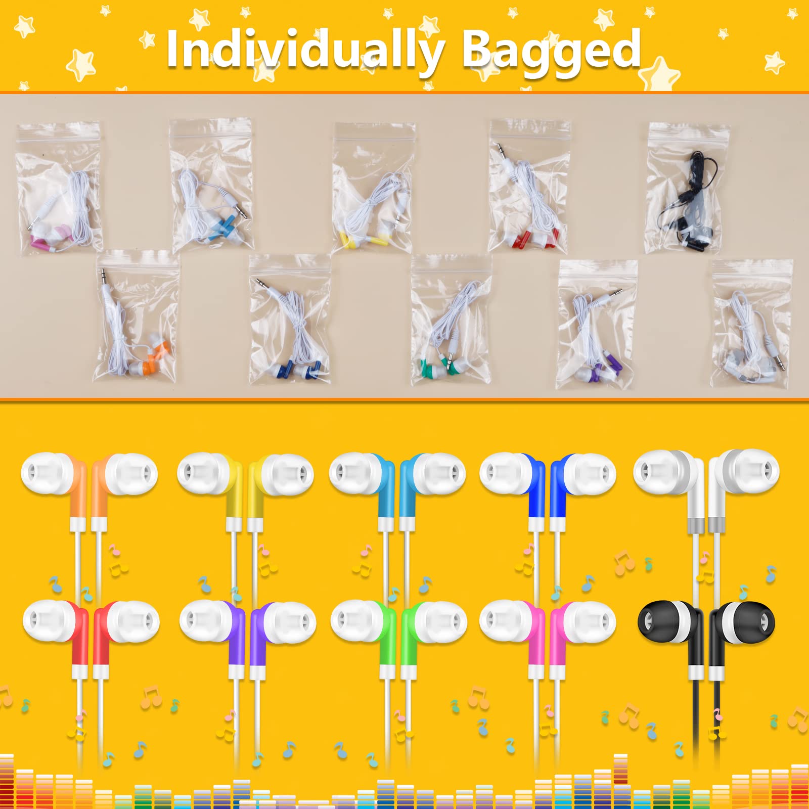 Confezione da 200 auricolari per bambini, perfetti per scuola, aule, biblioteche, studenti, multicolore, confezionati singolarmente (10 colori misti)