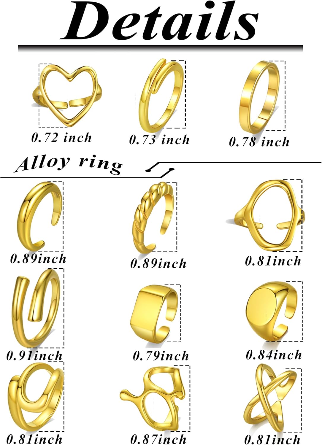 Tornito 12 Pcs Gold Stackable Rings Set for Women 18K Gold Plated Knuckle Open Rings Chunky Heart Square Twist Statement Signet Rings Silver Gold Tone Adjustable - Image 4