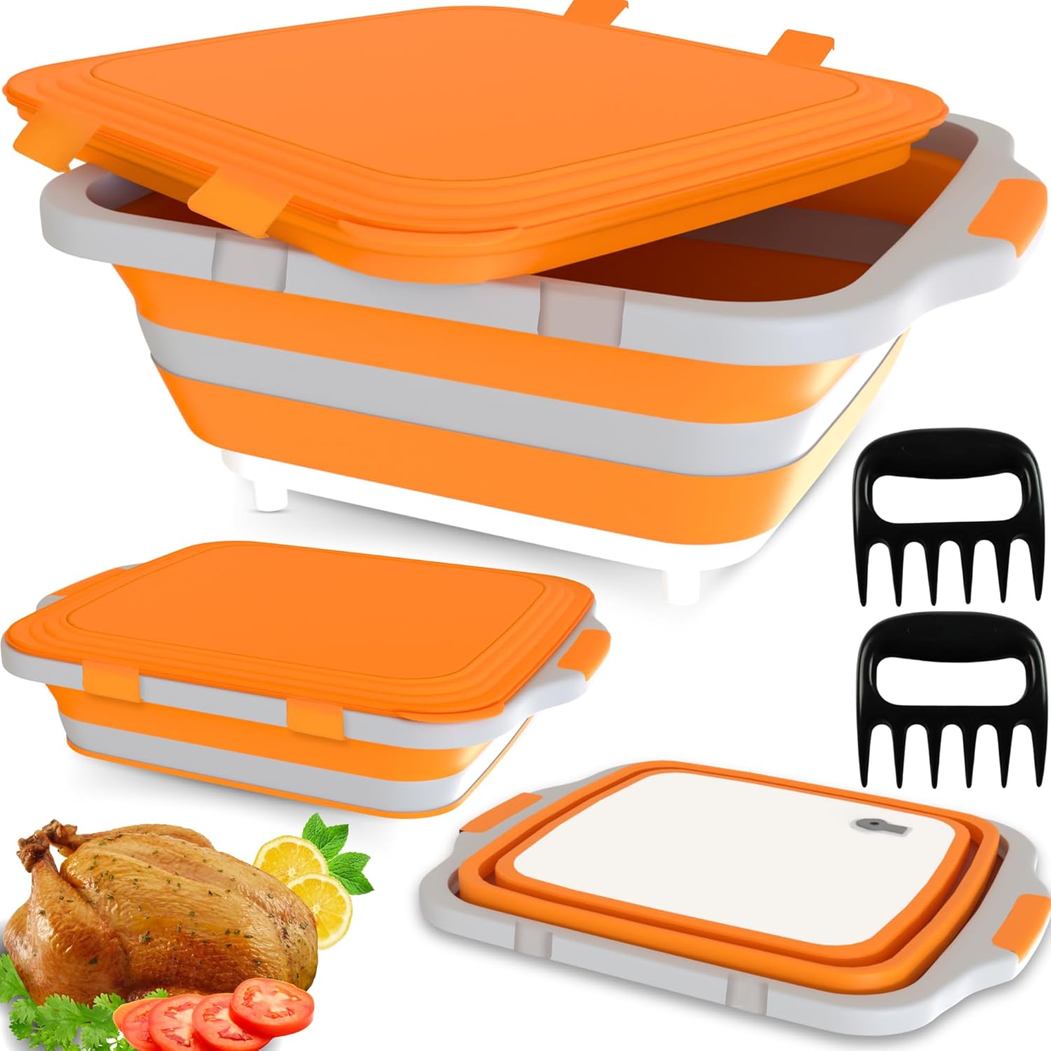 MAYALEAD BBQ Prep Tub with 2 Pcs Meat Shredder Claws, Collapsible Cutting Board, Cutting Board with Locking Lids, Drip Easy BBQ Prep Tub with lid-XL Size (Orange)