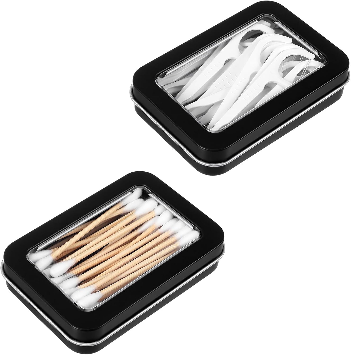 2 Pcs Cotton Swab Holder Travel Portable Travel Floss Picks Case, Small Metal Tin Box with Lid, Empty Small Metal Storage Box for Cotton, Swabs, Hair Ties, Floss (Black)