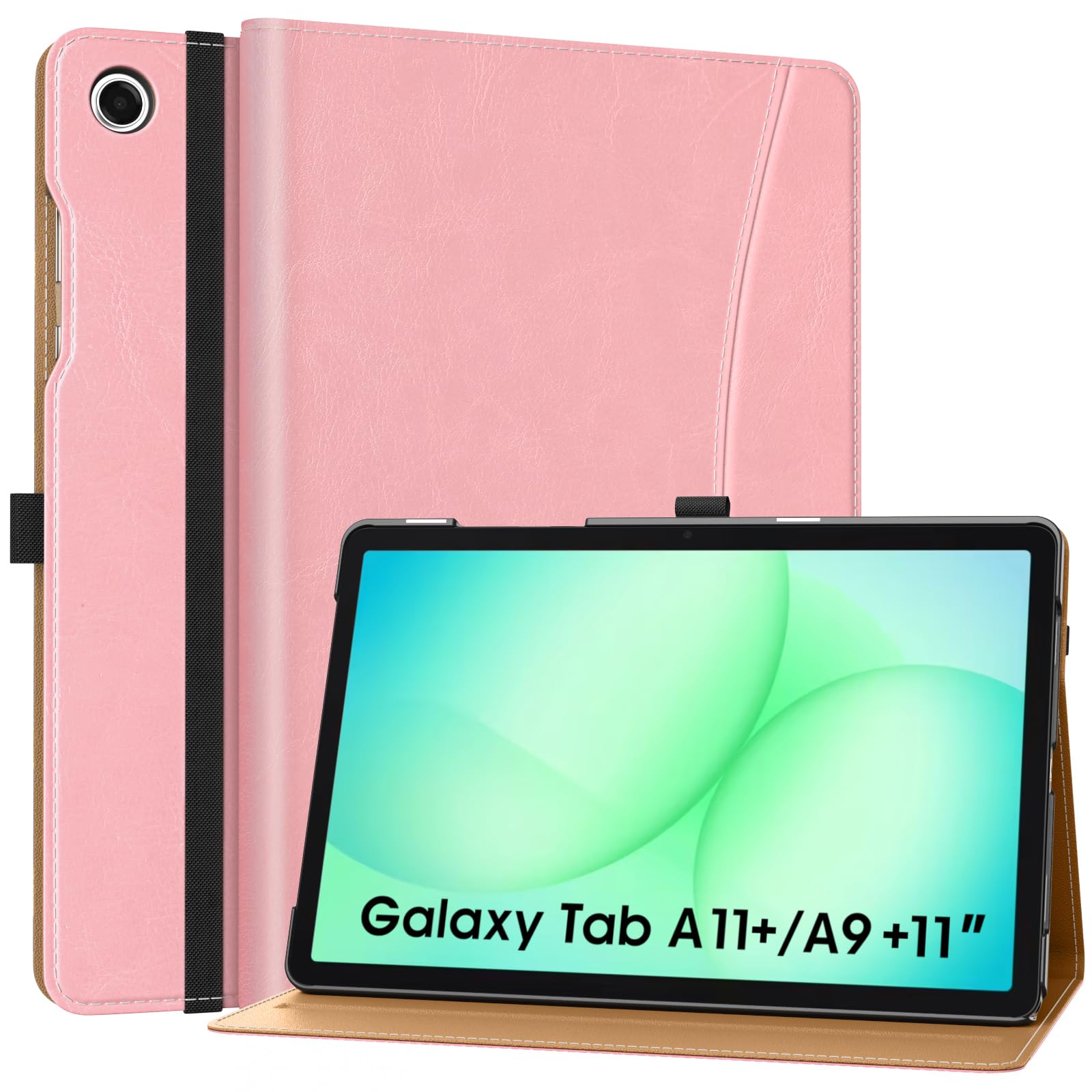 MoKo Hülle für Samsung Galaxy Tab A11+ Plus 11 Zoll 2025/ A9+ Plus 2023, PU Leder Mehrere Winkel Hülle für Galaxy Tab A11+/ A9+ mit Handschlaufe, Fronttasche, Auto Schlaf/Aufwach, Zimt Rosa