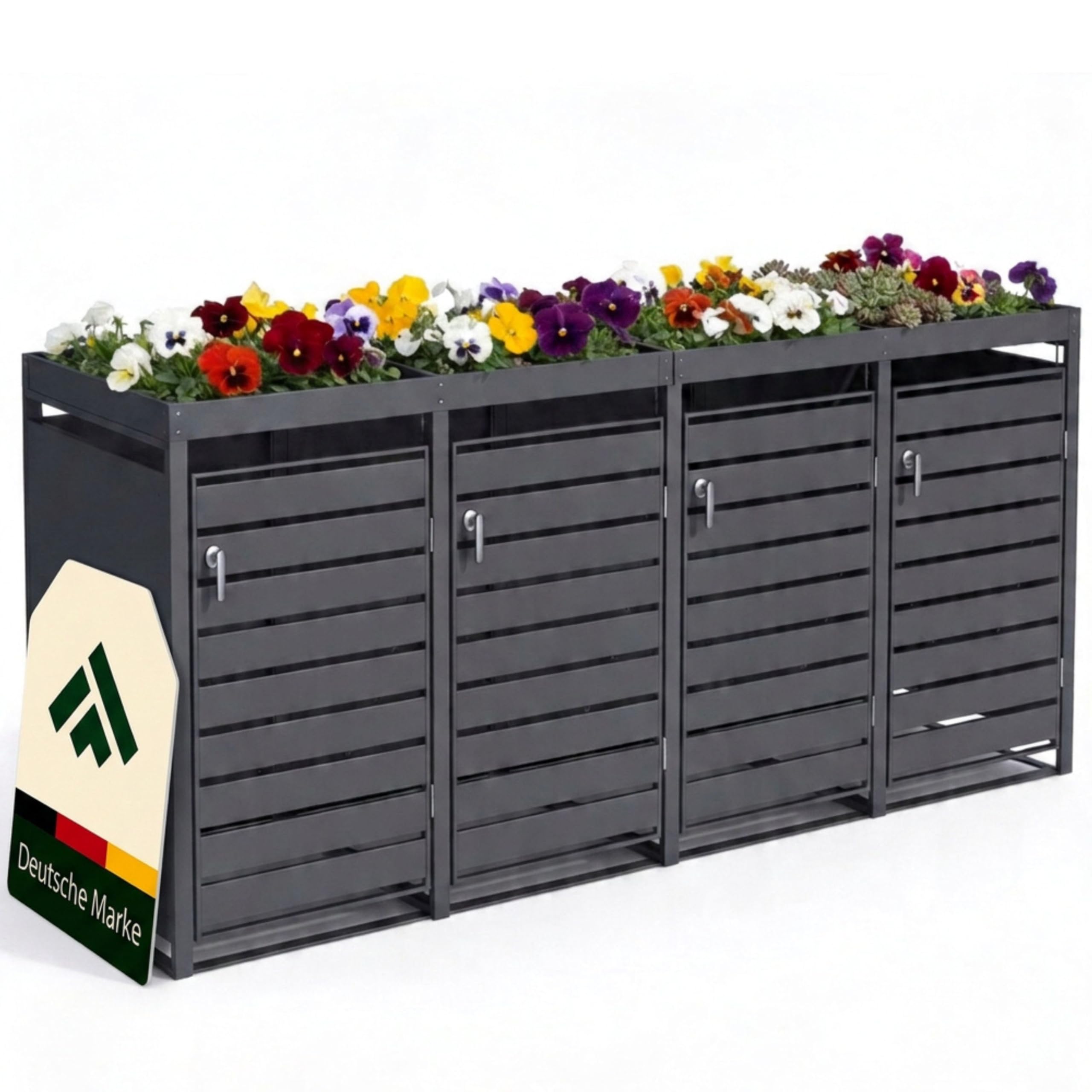 novaterra® Mülltonnenbox Metall Anthrazit für 4×240L - Mülltonnenunterstand mit Pflanzdach, integrierter Auffangkette zur Kippbegrenzung, pulverbeschichtet, wetterfest - B 260 × T 80× H 124 cm