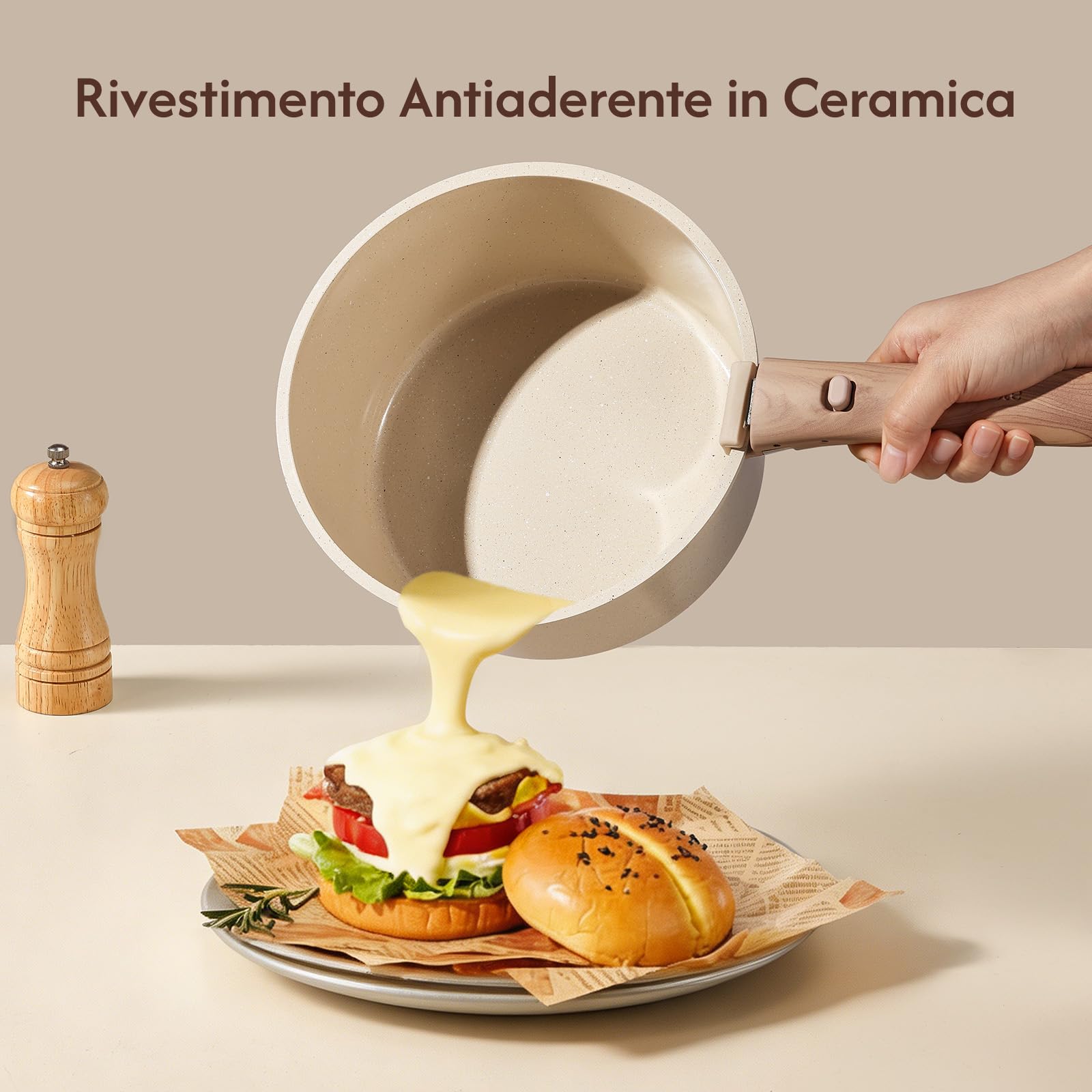 CAROTE Pentolini Antiaderenti in Ceramica 16/18/20 cm con Manico Rimovibile