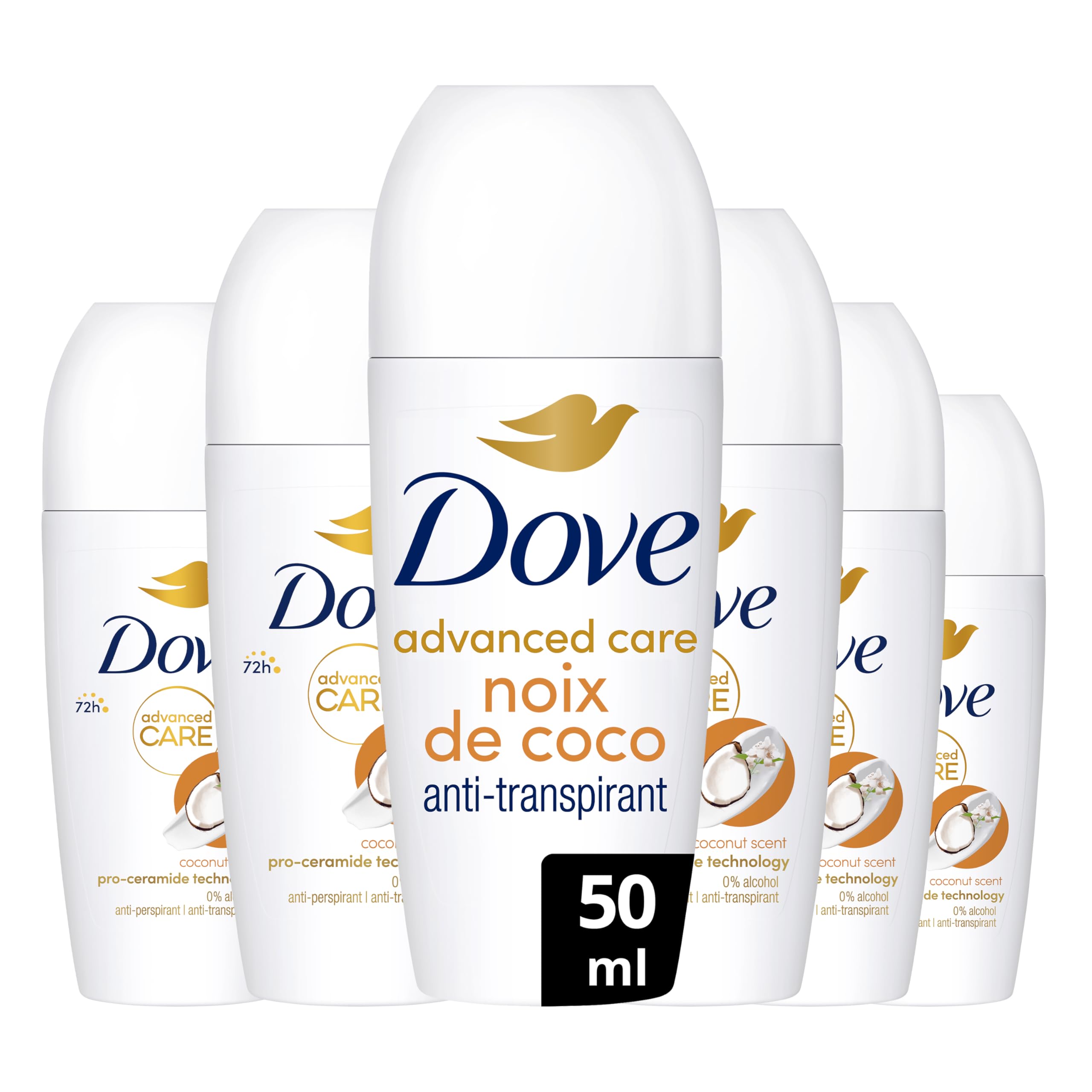 DOVE Déodorant Bille Anti-Transpirant Advanced Care - Noix de Coco - Soin quotidien des aisselles - 72h de protection contre la transpiration - lot de 6x50ml