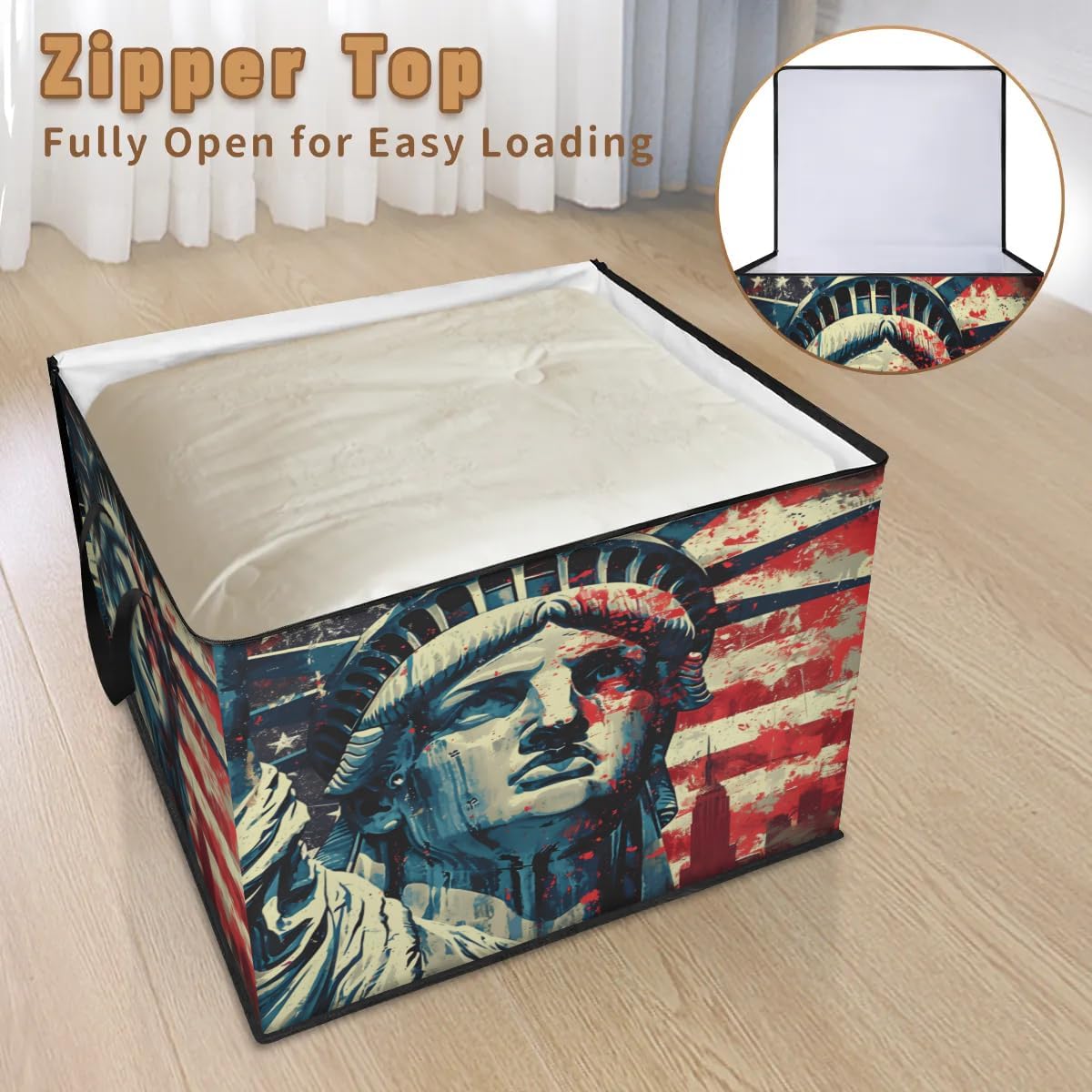 Honeybaby 214L Extra Large Comforter Storage Bag Statue of Liberty Storage Totes with Lids Waterproof Closet Organizer Folding Blanket Storage Bags for Clothes Bedding Pillows