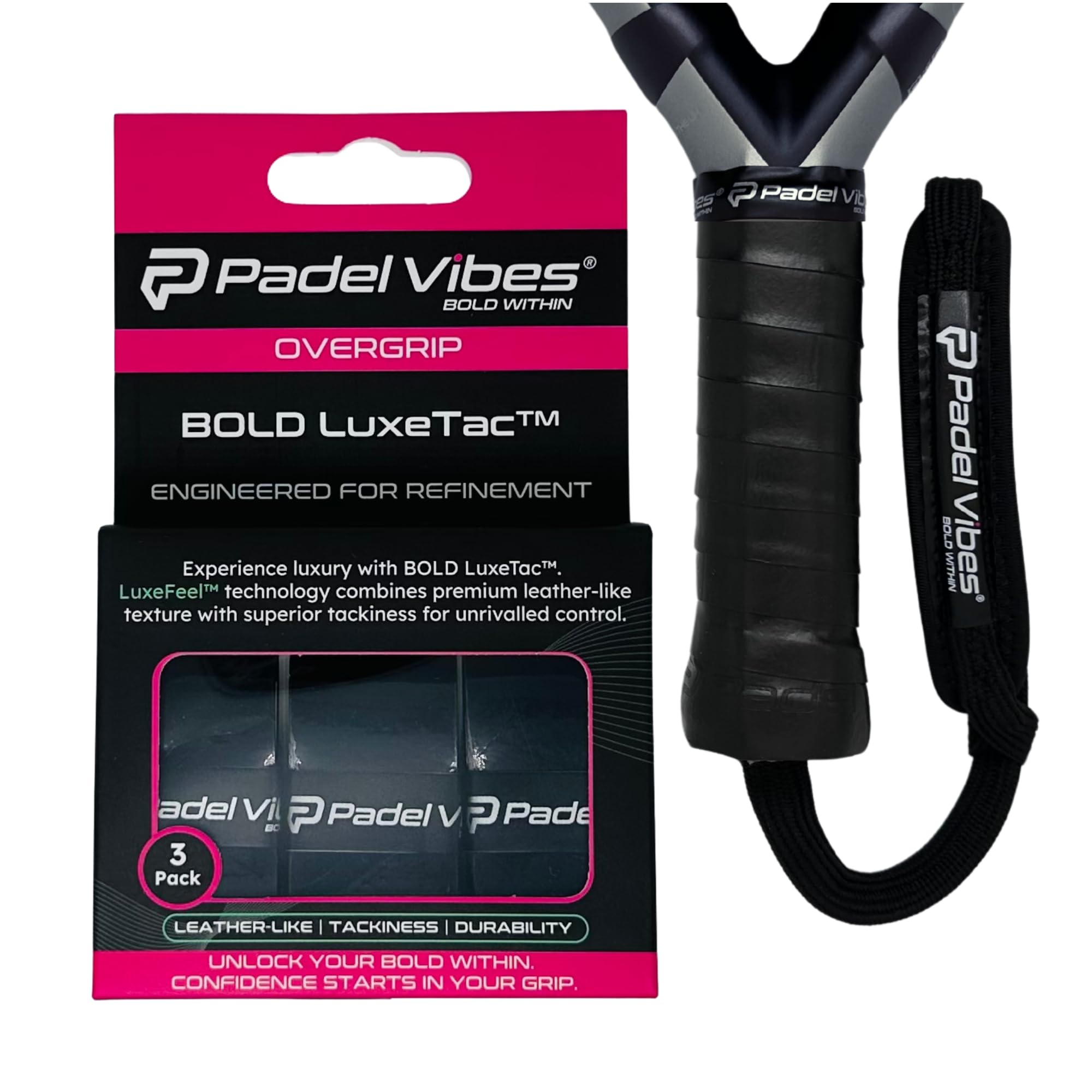Padel Vibes® BOLD LuxeTac™ Overgrip | Ultra Tacky, Sweat-Absorbing, Luxurious Leather-Like Feel | Durable Overgrip Tape for Padel, Tennis, Squash, Badminton, and Pickleball Rackets (Black | 3-Pack)