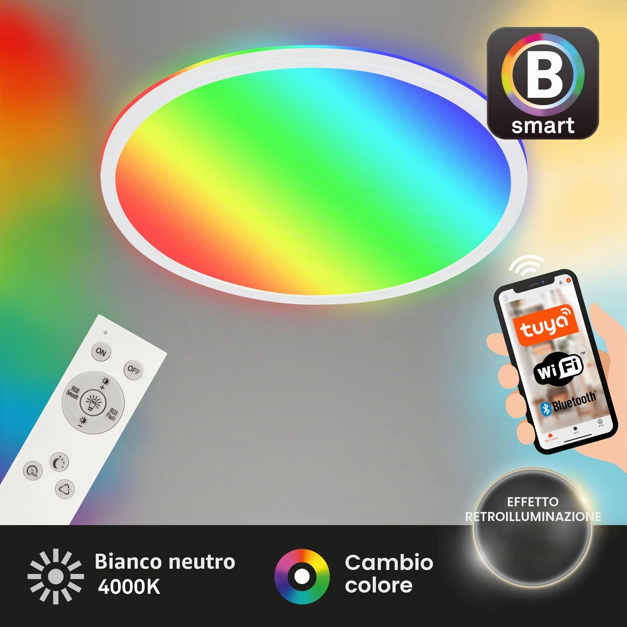 BRILONER - Plafoniera LED intelligente, colori brillanti RGB, effetto luce indiretta, luce bianca neutra, lampada da salotto WiFi, telecomando, controllo vocale