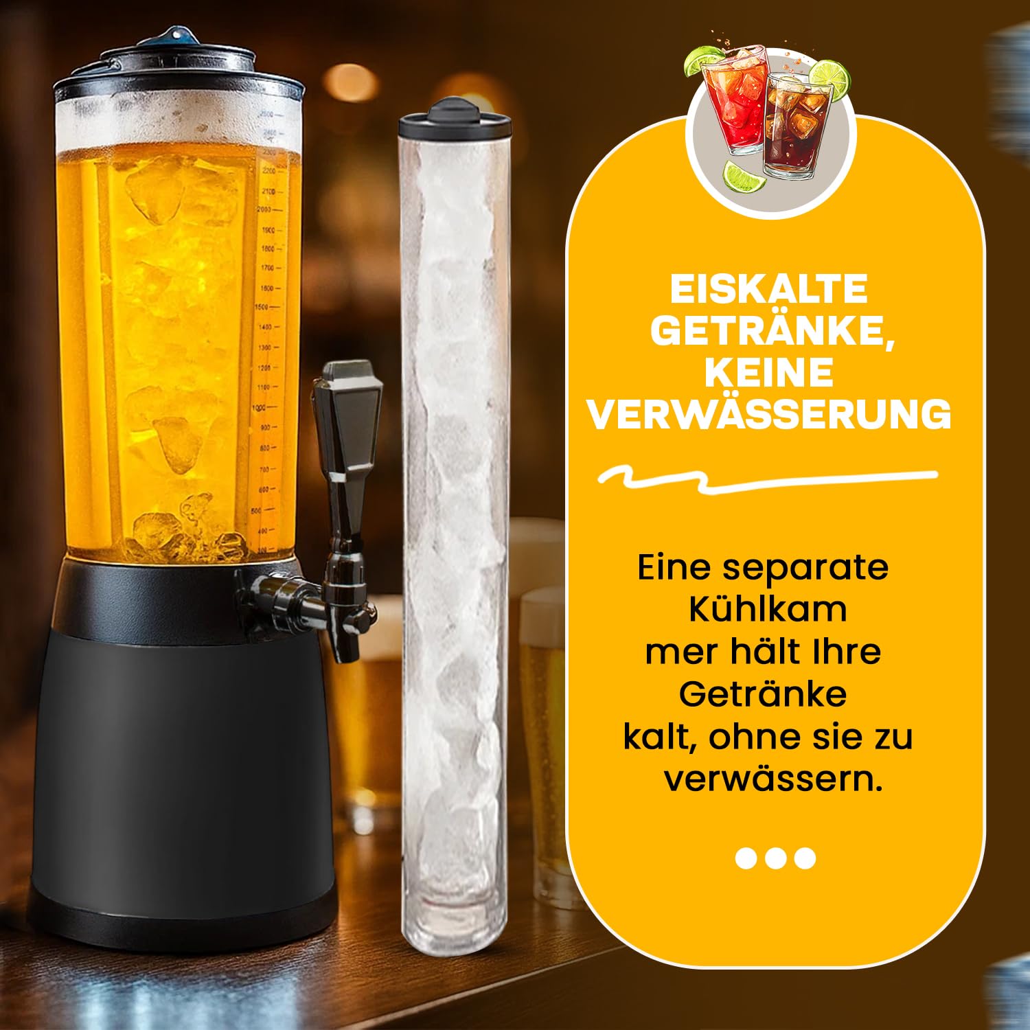 Biertower 4,0 Liter – Kult Biersäule mit LED-Beleuchtung & Eiskühlung – XXL Trinksäule Getränkespender mit Präzisions-Zapfhahn – Robuste Zapfsäule für Party, Grillen & Events – Getränkesäule Schwarz