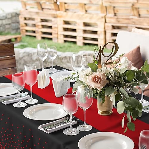 Miniatura 6 de Juego de 16 manteles desechables de plástico para fiestas y camino de mesa de satén negro y rojo, mantel de satén rojo para bodas, cumpleaños, baby