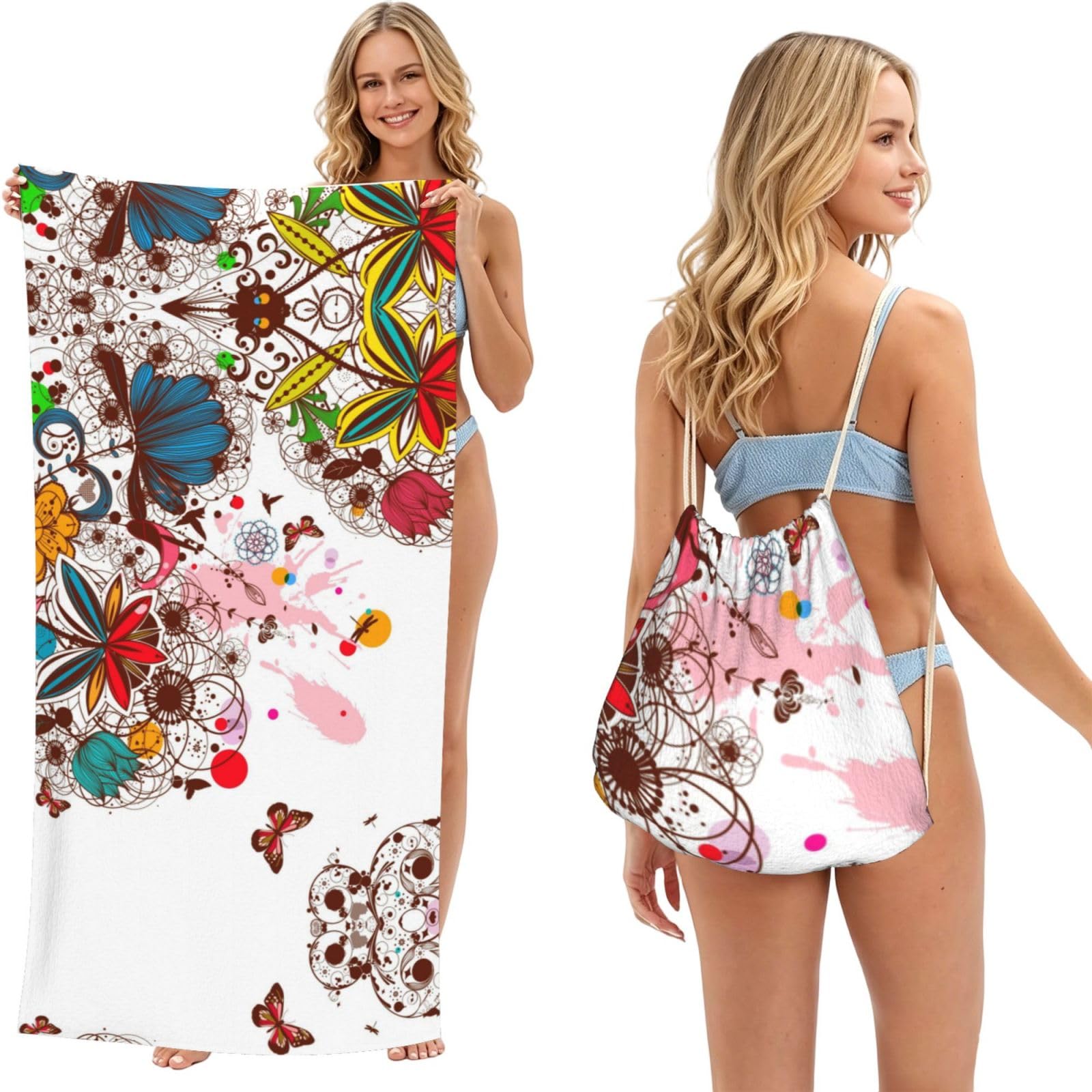 WSHFFILO Colorful Flower Butterfly printed 2 in 1 Packable Towel Bag Bath Towel Beach Towel