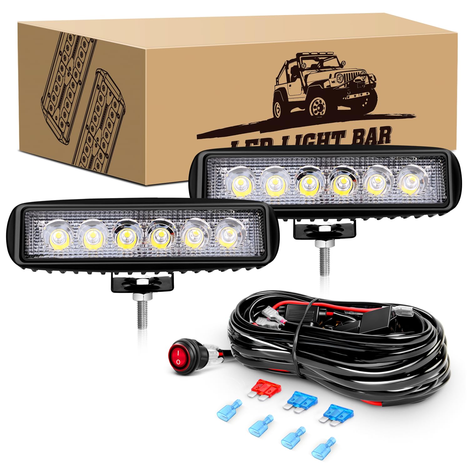 LED Light Bar 2 PCS 18W LED Spot Off Road Light Pods,KINGOPT High Brightness Lights with Wiring Harness Kit Fog Lamps Driving Boats Work Lights for Truck Car Pickup Golf Cart SUV ATV Motor Jeep Garden