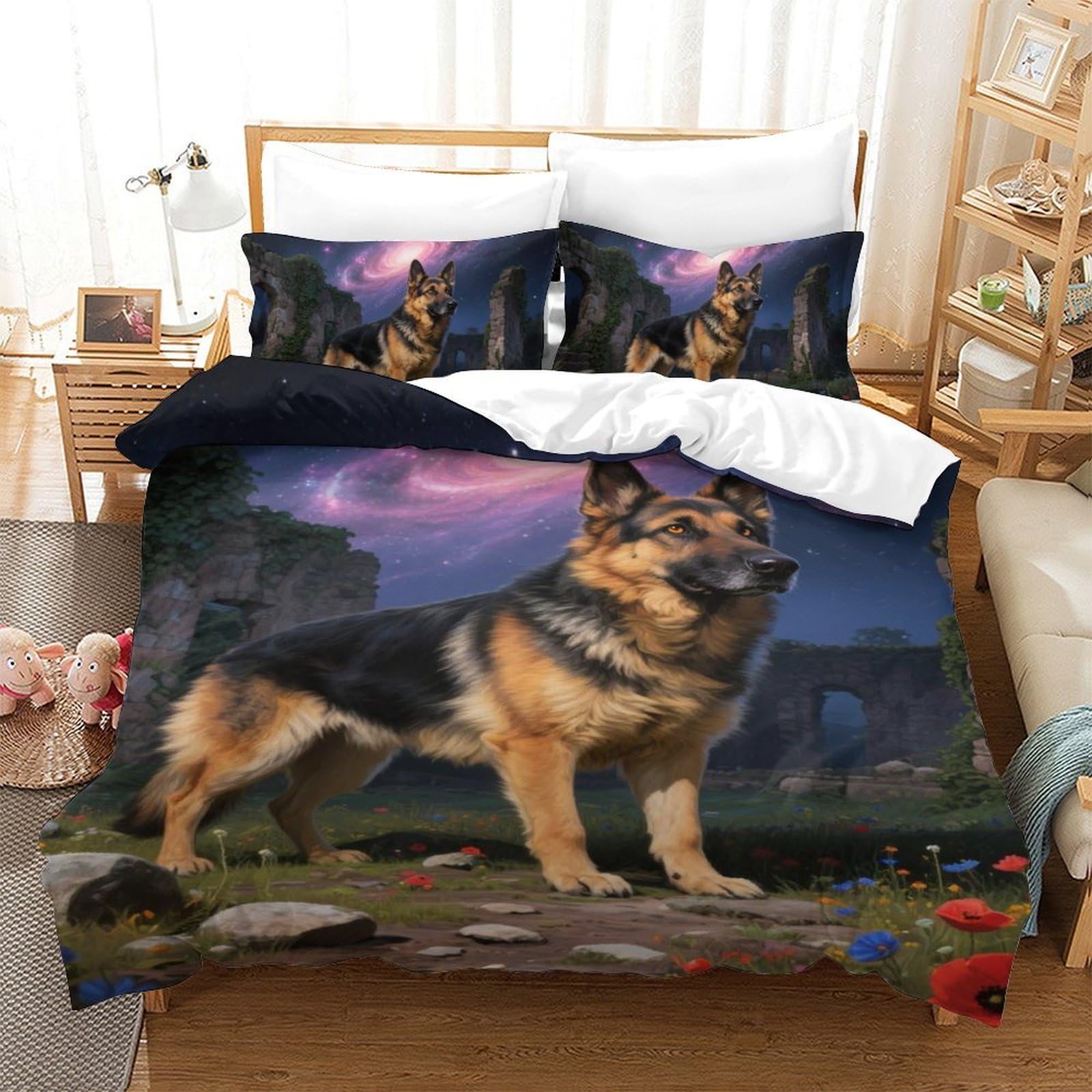 Housse de couette chien Berger Allemand parure de lit 1 personne microfibre zipper caché