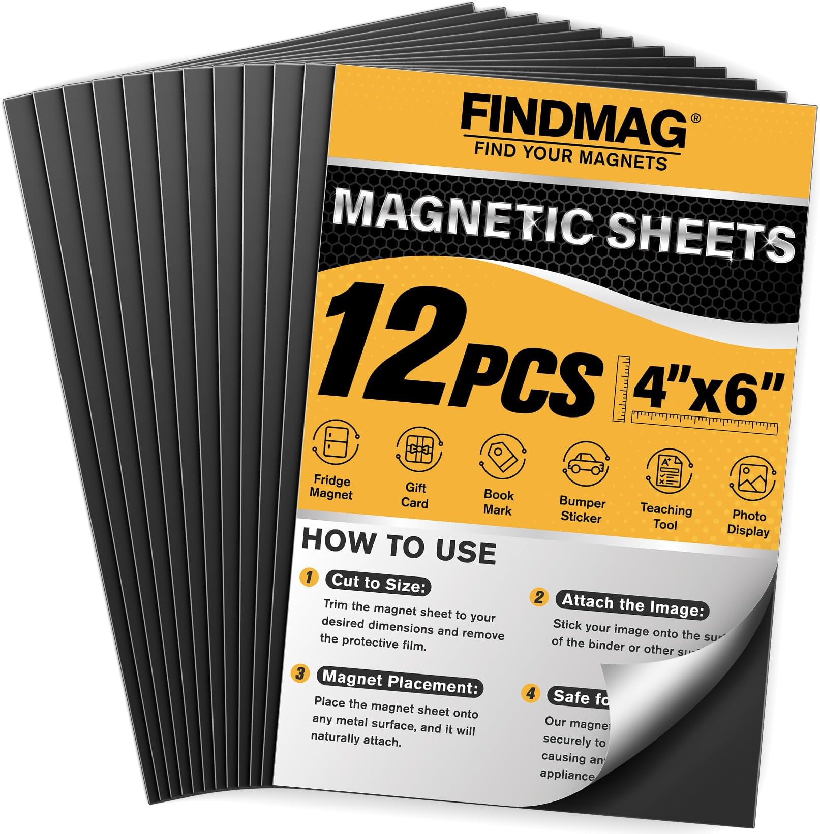 FINDMAG Magnetic Sheets, 12 Pack, 4" x 6" Magnet Sheets with Adhesive Backing, Cut and Customize Flexible Self Adhesive Magnetic Sheets for Picture, Photo, Craft and DIY