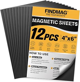 FINDMAG Magnetic Sheets, 12 Pack, 4" x 6" Magnet Sheets with Adhesive Backing, Cut and Customize Flexible Self Adhesive Magnetic Sheets for Picture, Photo, Craft and DIY
