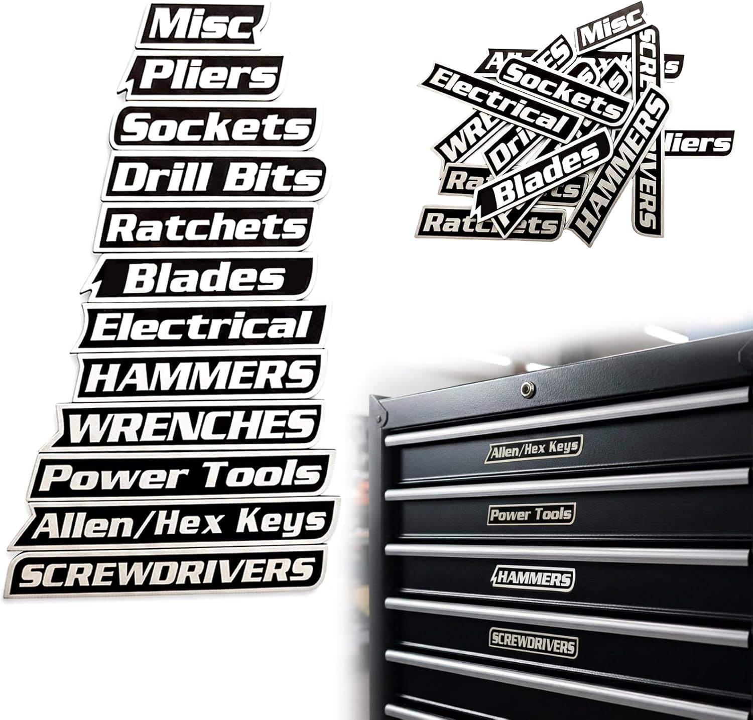 Magnetic Tool Box Labels, 12-Pack Magnetic Toolbox Label, 3D Printed Tool Box Labels Magnet Set for Garage Organization, Reusable Tags for Steel Toolboxes, Carts, Drawers & Cabinets Black