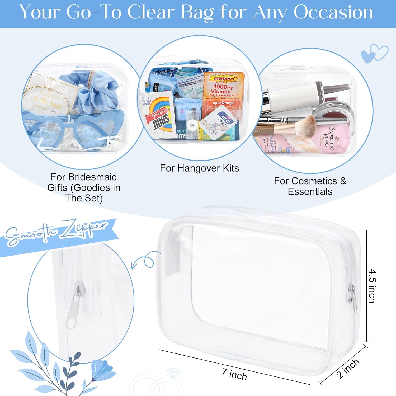 DEEKA 30 Pcs Bridesmaid Proposal Bag Set Gift Clear Makeup Toiletry Bag Bachelorette Party Favors Sunglasses Hair Claw Clips Scrunchies Knot Bracelets Bridal Wedding Party Gifts (Blue)
