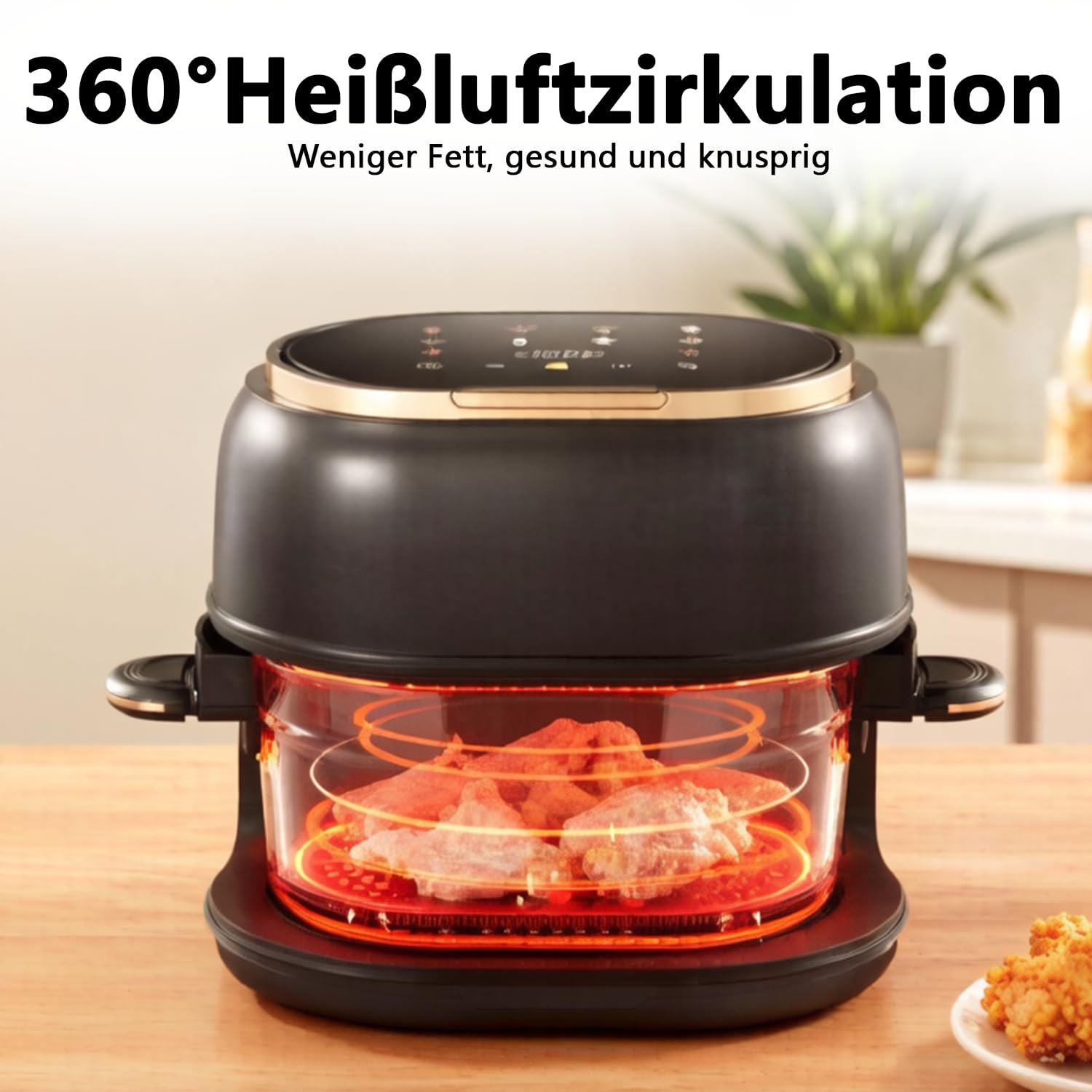 Heißluftfritteuse 4L Airfryer,1350W 9 in 1 Multifunktionalität Touchscreen Air Fryer mit Glaskorb&Sichtfenster&8 Smart Programme&24h Timer,Frittieren,Braten,Backen für Familie,Spülmaschinenfest BPA
