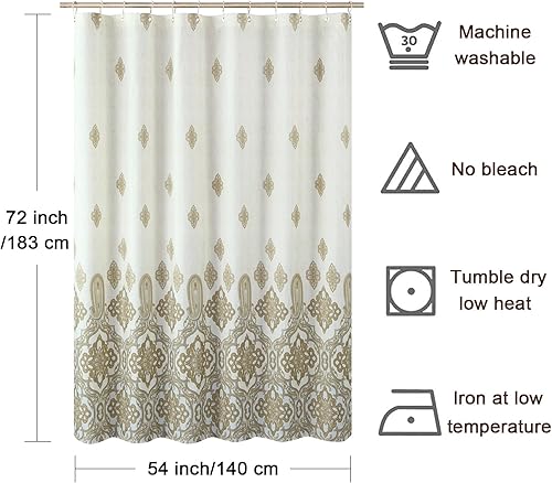 Vista 117 de Cortina de ducha de tela, estampado beige y tostado, cortinas de ducha con patrón de damasco bohemio de cachemira para baño, cortinas de baño Hudson