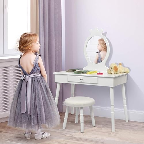 Miniatura 36 de Costzon Juego de tocador para niños, mesa de maquillaje de princesa de madera con taburete acolchado, cajón grande, patas de madera maciza y espejo