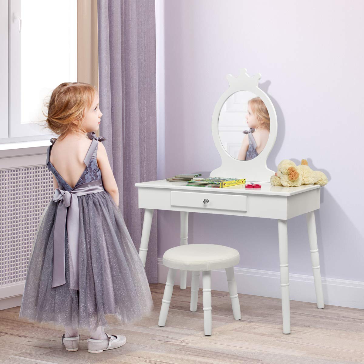COSTWAY Coiffeuse avec Tabouret de Filles,Table de Maquillage pour Enfants, Style Princesse Européenne avec Tiroir et Miroir (Blanc)