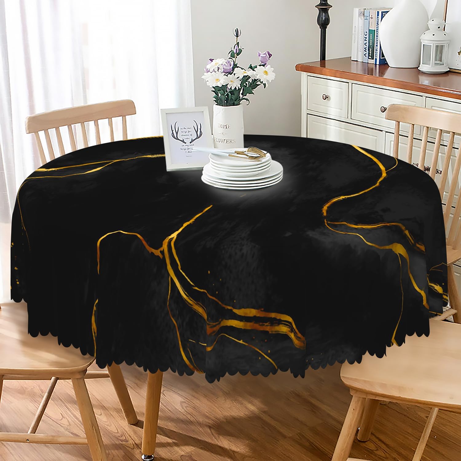 Black Gold Marble Round Tablecloth 70 Inch Luxury Marble Texture Gold Line Circular Table Cover Waterproof and Stain Resistant Table Cloth for Dinner Home Balcony Cafe Indoor Outdoor Use