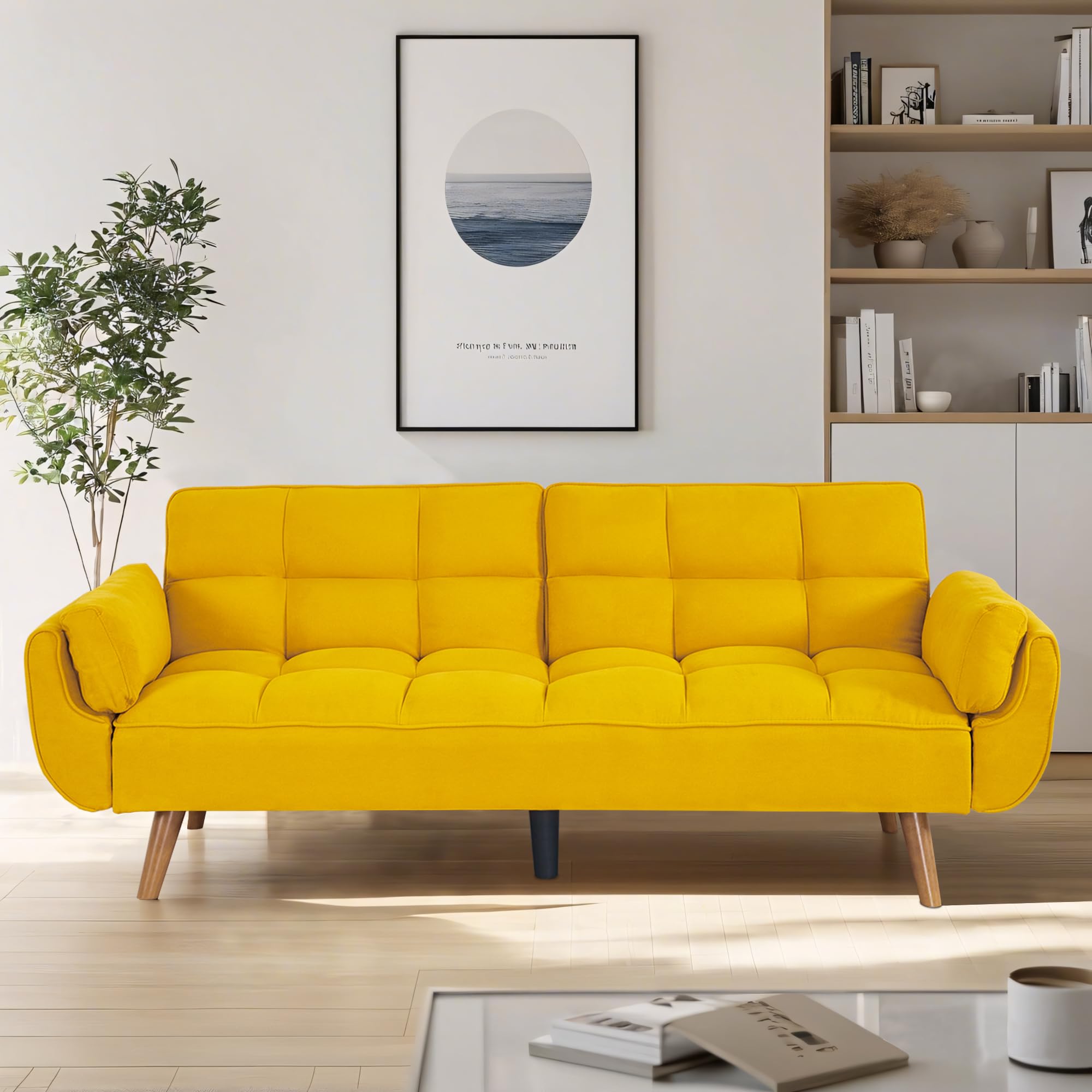 liuyouhom Convertible futon Sofa Bed, Sleeper Sofa Bed with Adjustable backrest, Small Space Small Sofa, Living Room, Bedroom (Golden Yellow)