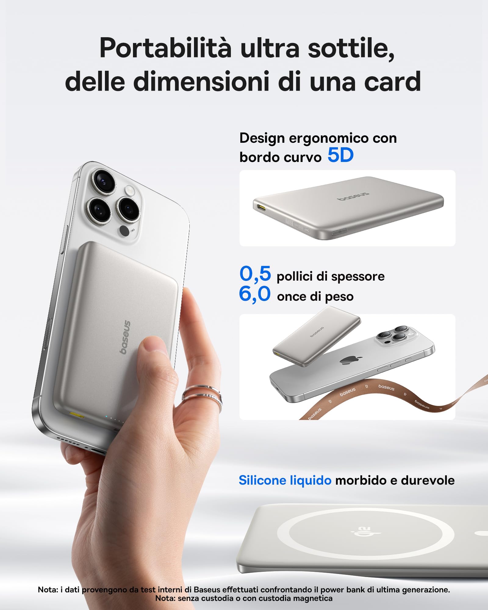 Baseus Picogo AM41 Power Bank, Ultra Slim 10000mAh Qi2 Magsafe Powerbank 15W Wireless, Ricarica Rapida PD 27W, Magnetico Batteria Esterna con cavo USB C per iPhone 17/16/15/14/13/12, Titanio