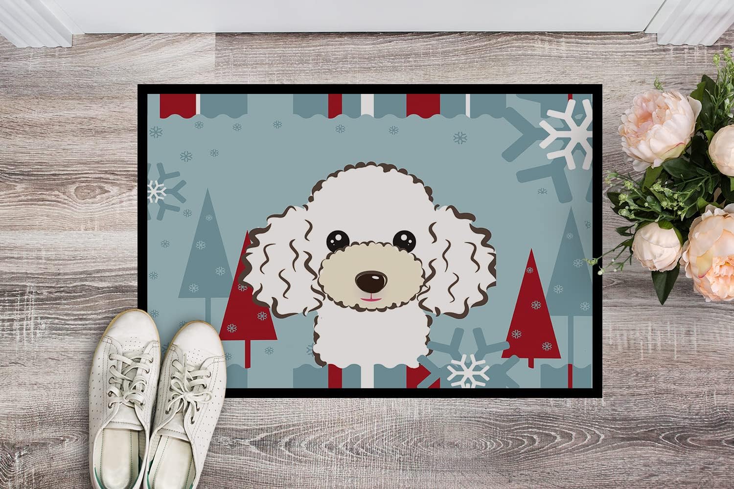 Caroline's Treasures BB1753MAT Winter Holiday White Poodle Doormat 18x27 Front Door Mat Indoor Outdoor Rugs for Entryway, Non Slip Washable Low Pile, 18H X 27W