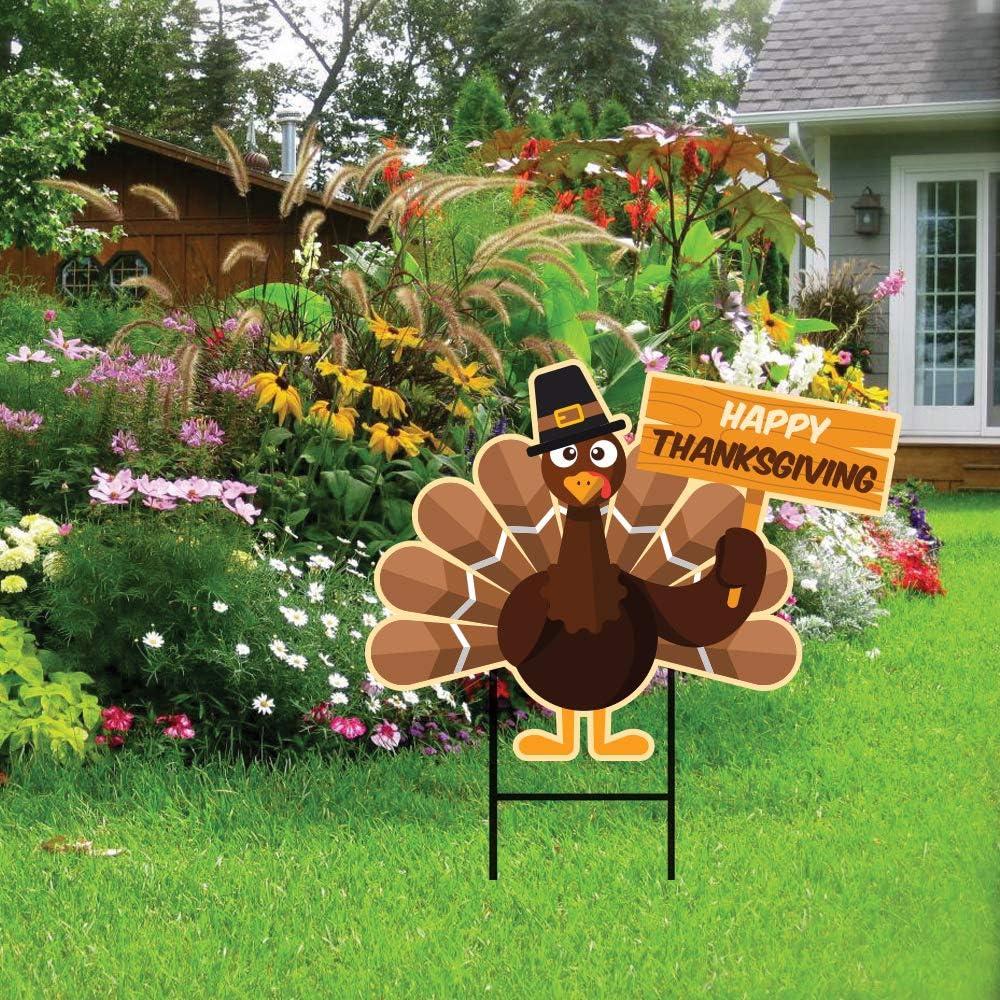 Happy Thanksgiving Yard Sign 24" x 18" - Coroplast Visible Text Happy Thanksgiving Turkey Yard Sign Lawn Decorations with Metal H-Stake, VP5268 (24x18, Double Sided)
