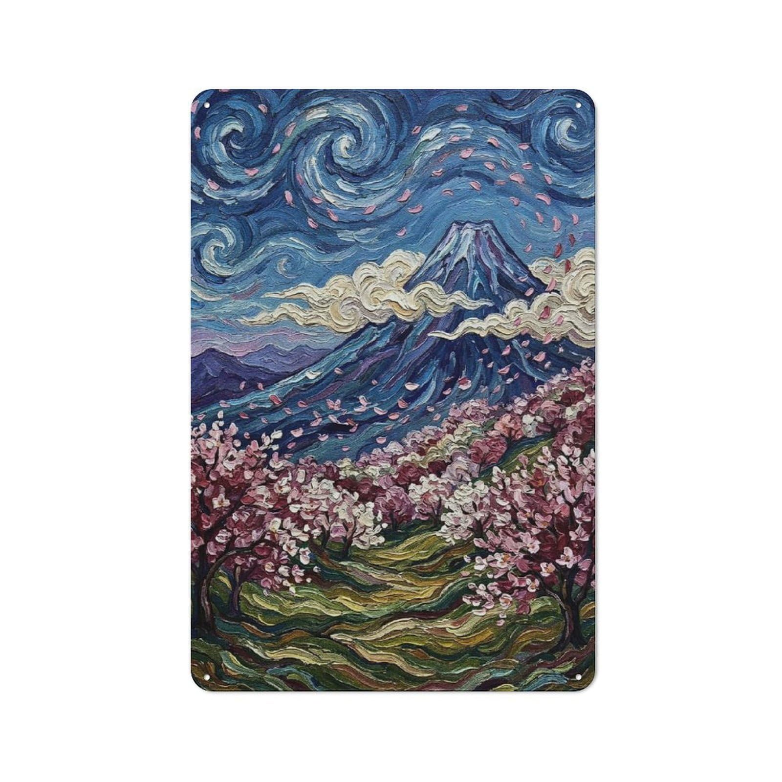 Junmoney Style-1 Metal Wall Plaque With Mount Fuji With Cherry Blossoms Design 30X20cm, Simple Retro Studio Wall Plaque For Hobby Room, Office, Lounge Or Living Room